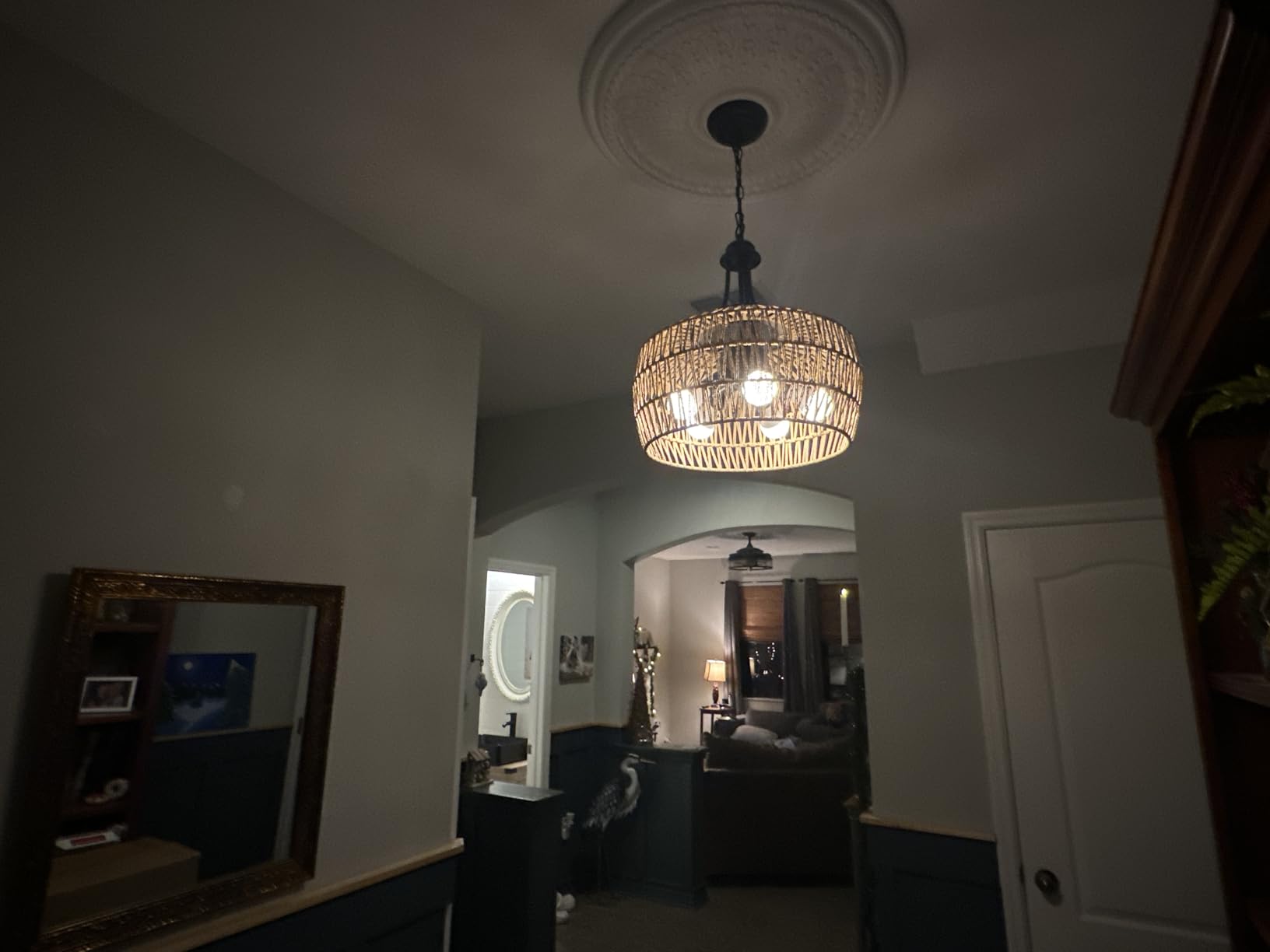 HMVPL Farmhouse Chandelier for Dining Room, 3-Light Boho Rattan Chandelier Light Fixture Ceiling Hanging with Woven Lampshade, Small Wicker Coastal Pendant Light for Kitchen Bedroom Island Hallway - Customer Photo 1