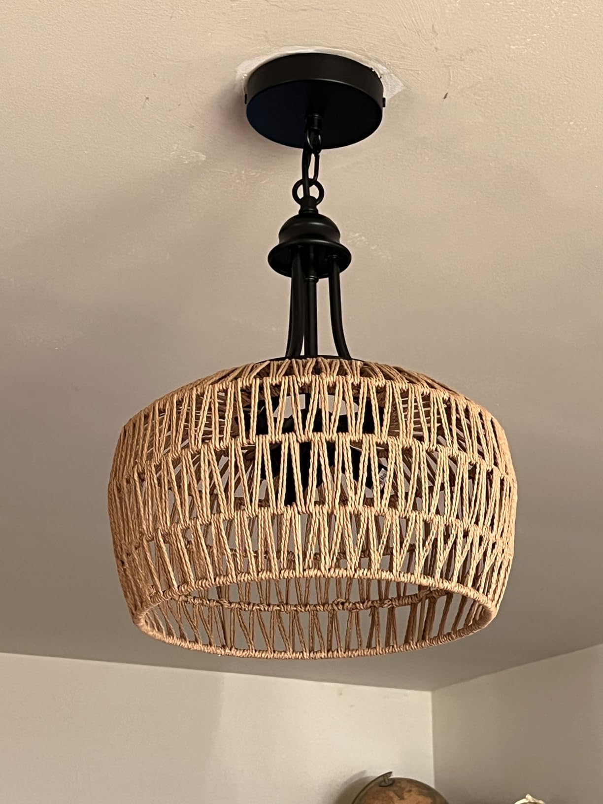 HMVPL Farmhouse Chandelier for Dining Room, 3-Light Boho Rattan Chandelier Light Fixture Ceiling Hanging with Woven Lampshade, Small Wicker Coastal Pendant Light for Kitchen Bedroom Island Hallway - Customer Photo 3