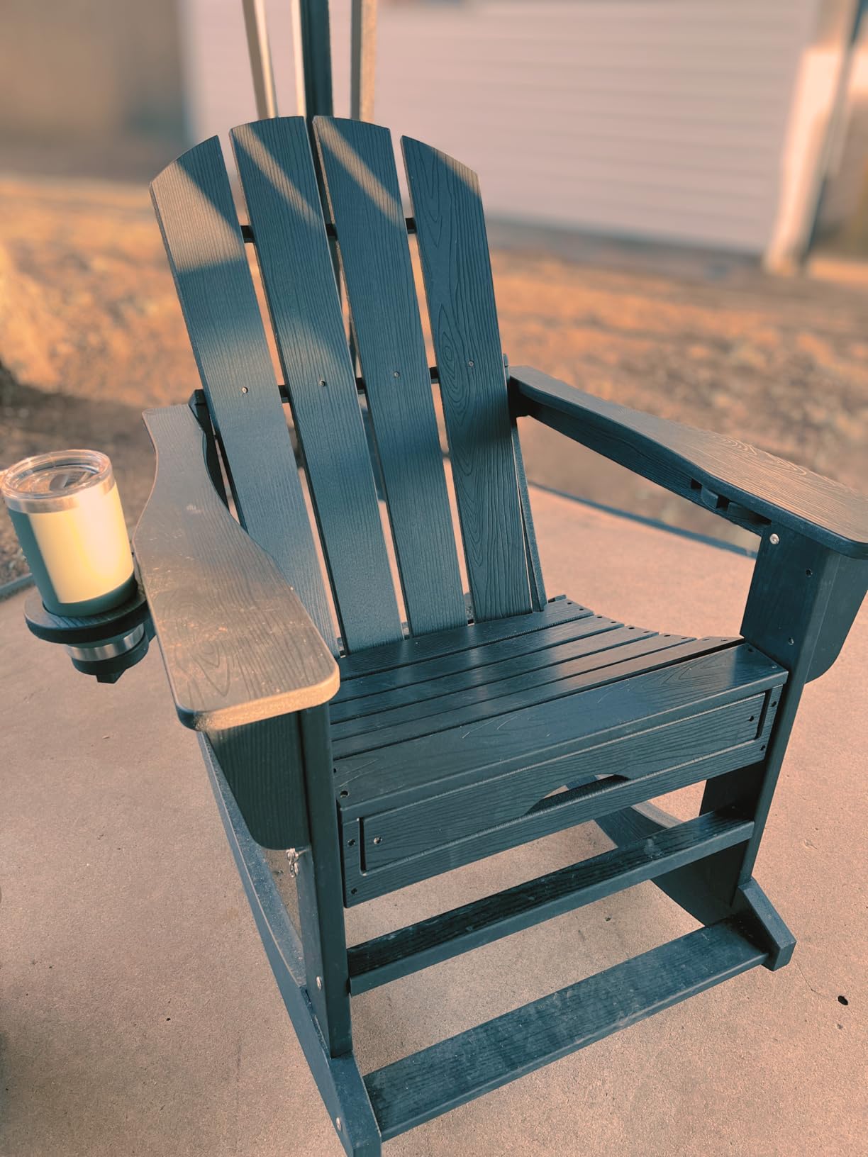 KINGYES Adirondack Rocking Chair Set of 2 with Retractable Ottoman and Cup Holders, HDPE Adirondack Rocker Patio Recliner Chair for Porch, Patio, Balcony, Black - Customer Photo 1