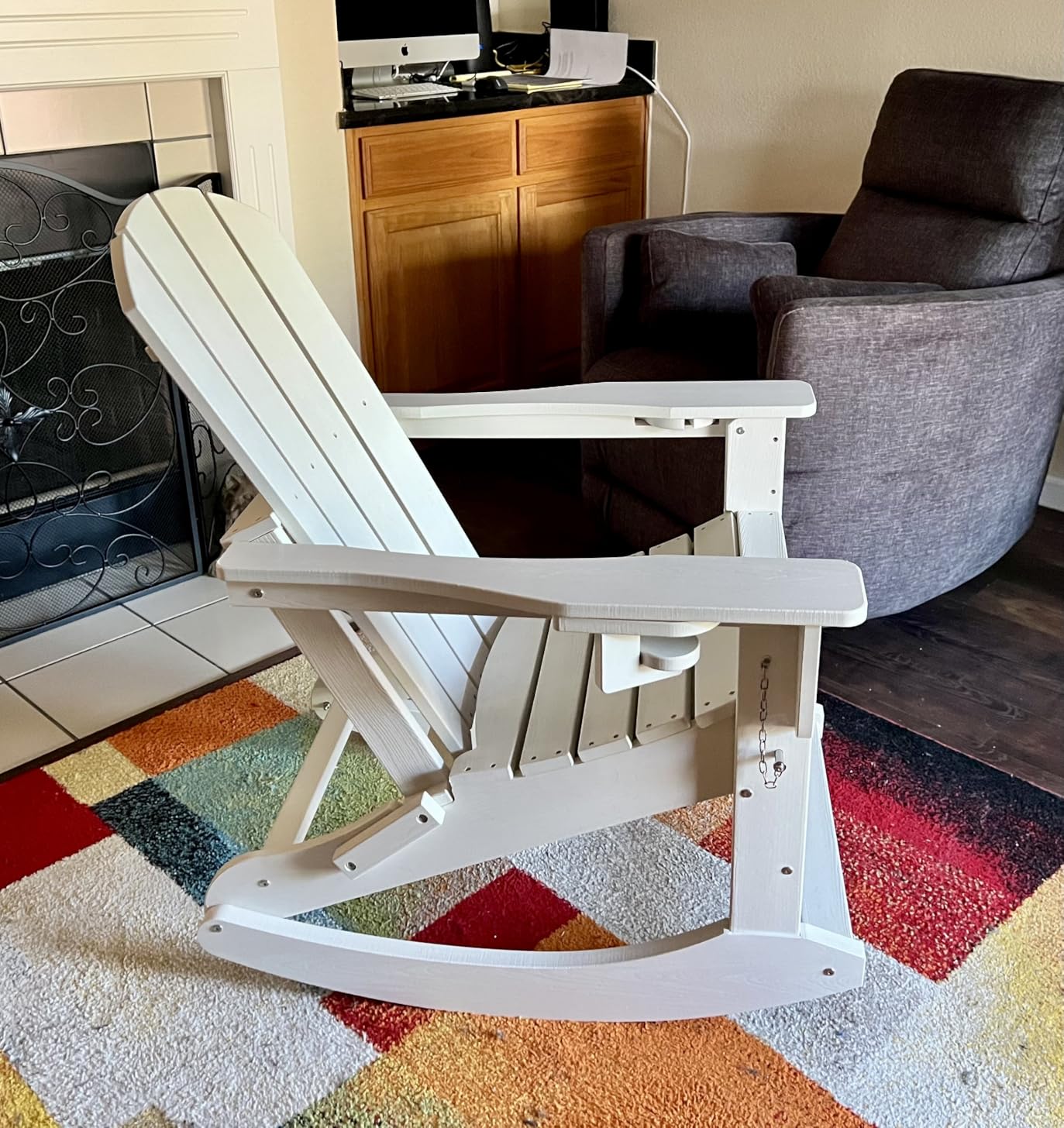 KINGYES Adirondack Rocking Chair Set of 2 with Retractable Ottoman and Cup Holders, HDPE Adirondack Rocker Patio Recliner Chair for Porch, Patio, Balcony, Black - Customer Photo 2