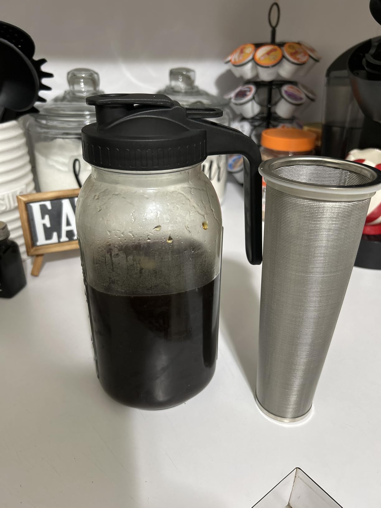 Cold Brew Coffee Maker,64 oz Mason Jar Pitcher with Stainless Steel Filter, Pour Spout Handle Lid, Heavy Duty Glass Airtight & Leak-Proof for Iced Coffee,Tea & Lemonade - Customer Photo 1
