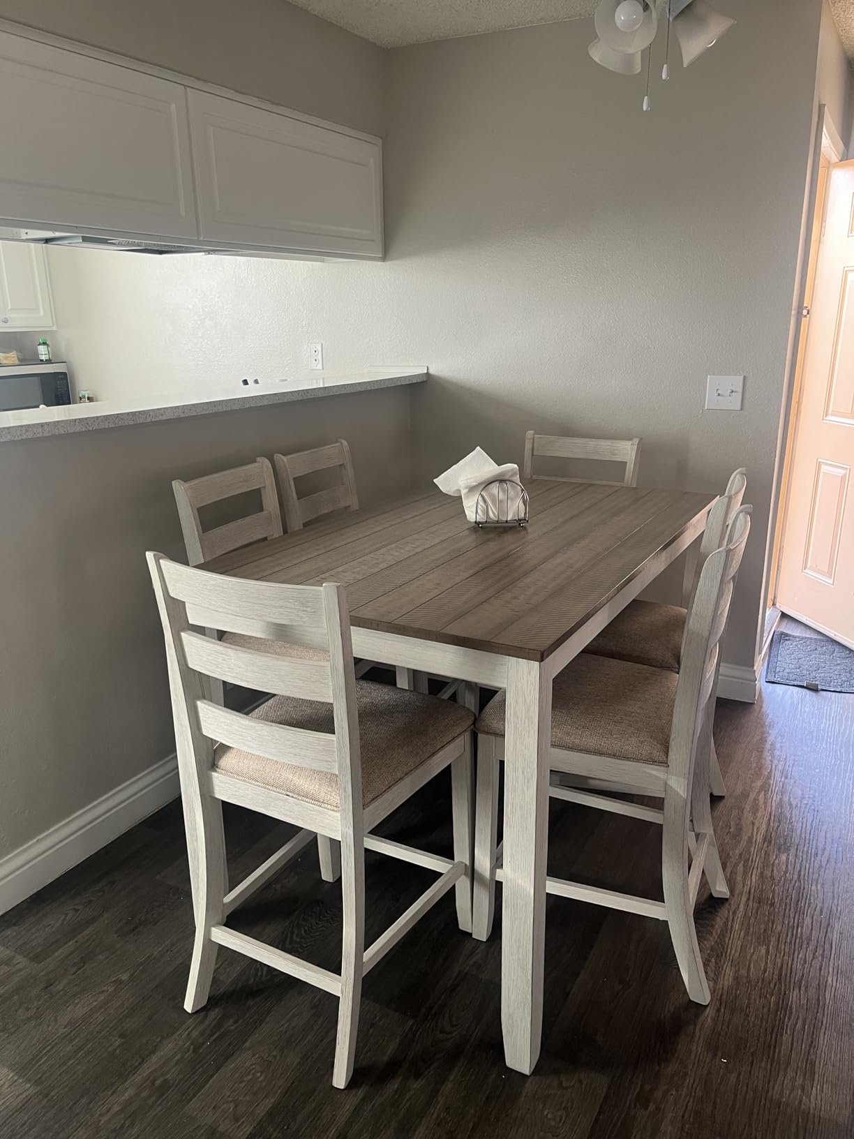 Signature Design by Ashley Skempton Modern Farmhouse Counter Height Dining Table and Upholstered Bar Stools, Set of 7, White & Light Brown - Customer Photo 1