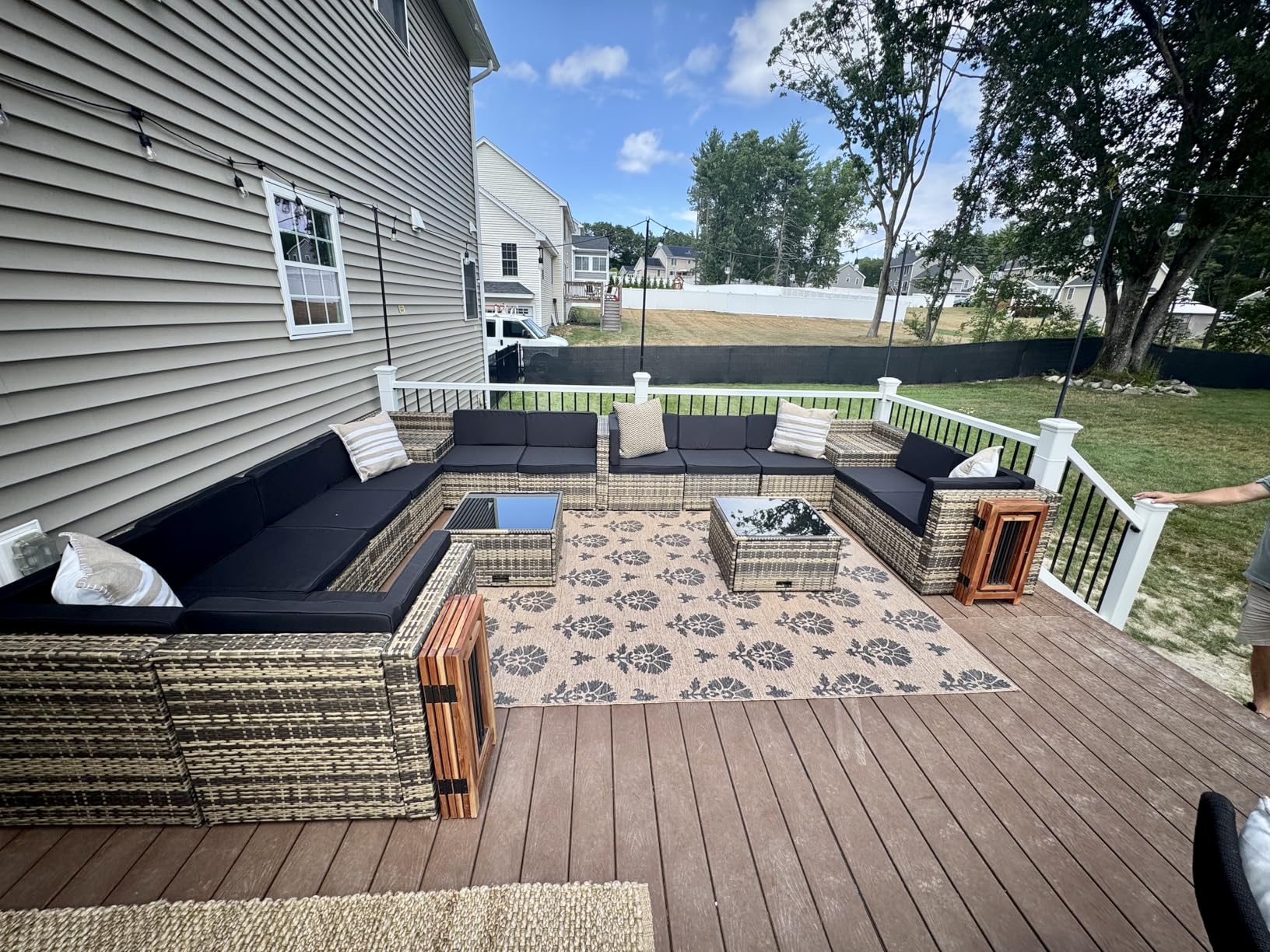 8 Pieces Outdoor Wicker Rattan Patio Furniture Sectional Set, Glass Top Table with Hidden Storage, 7 Sofa Sections, Oversized Cushions, Natural Color Rattan with Black Cushion - Customer Photo 4