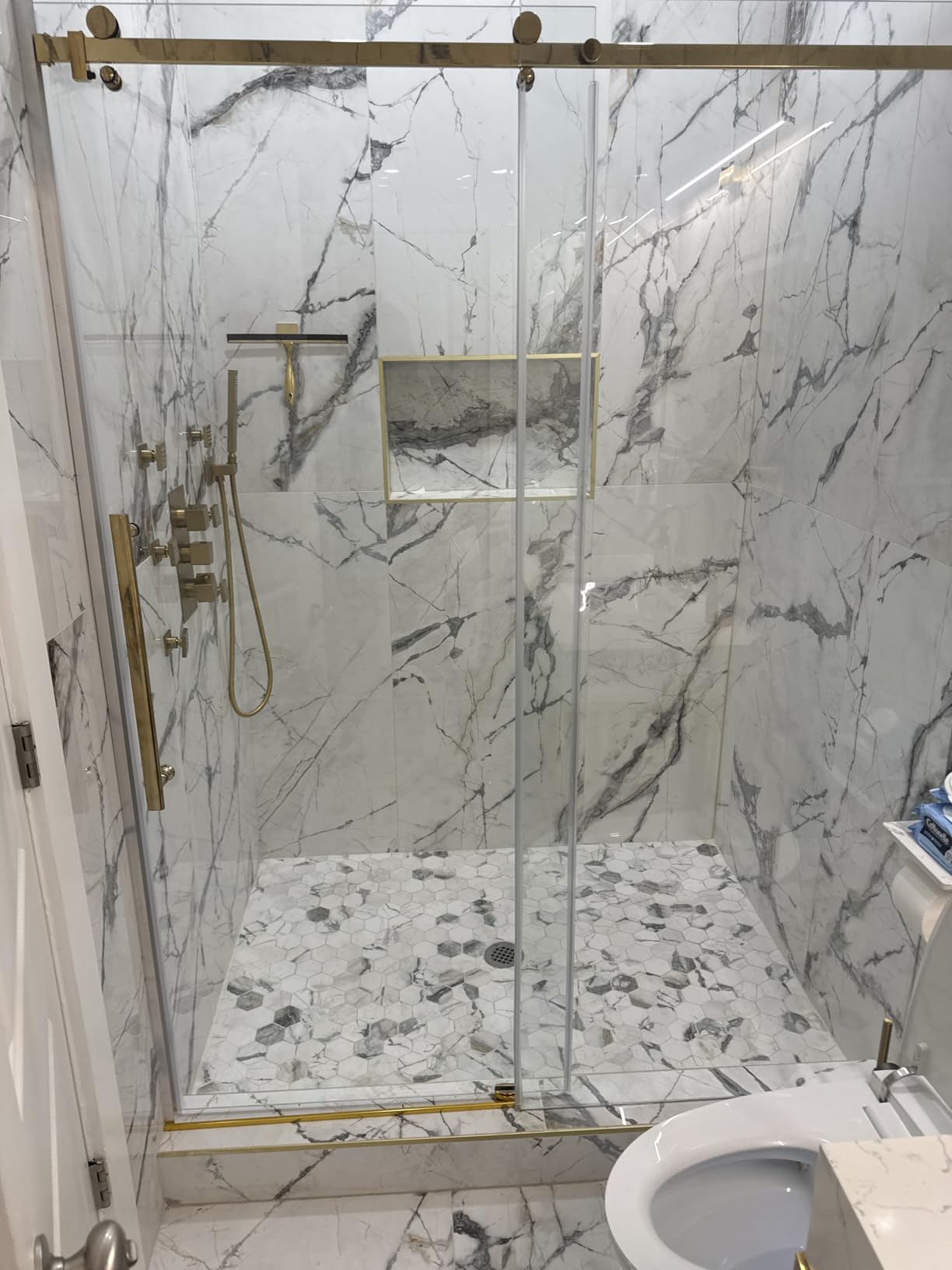 DELAVIN 56-60.in W x 72.in H Frameless Shower Door, Water Repellent Black Shower Door Clear Tempered Glass, Easy Sliding Showe Door with Explosion-Proof Film, Stainless Steel - Customer Photo 1