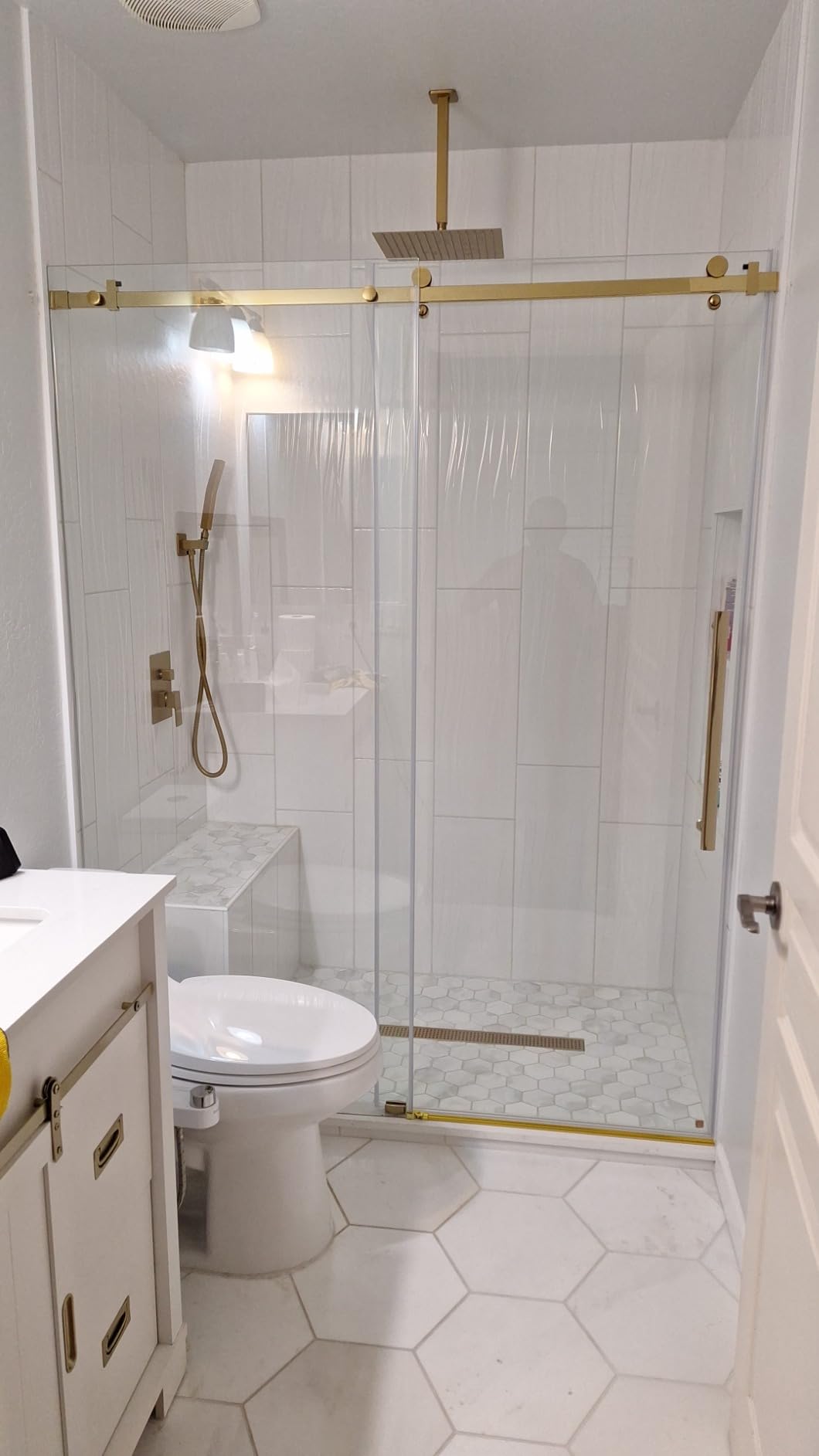 DELAVIN 56-60.in W x 72.in H Frameless Shower Door, Water Repellent Black Shower Door Clear Tempered Glass, Easy Sliding Showe Door with Explosion-Proof Film, Stainless Steel - Customer Photo 5