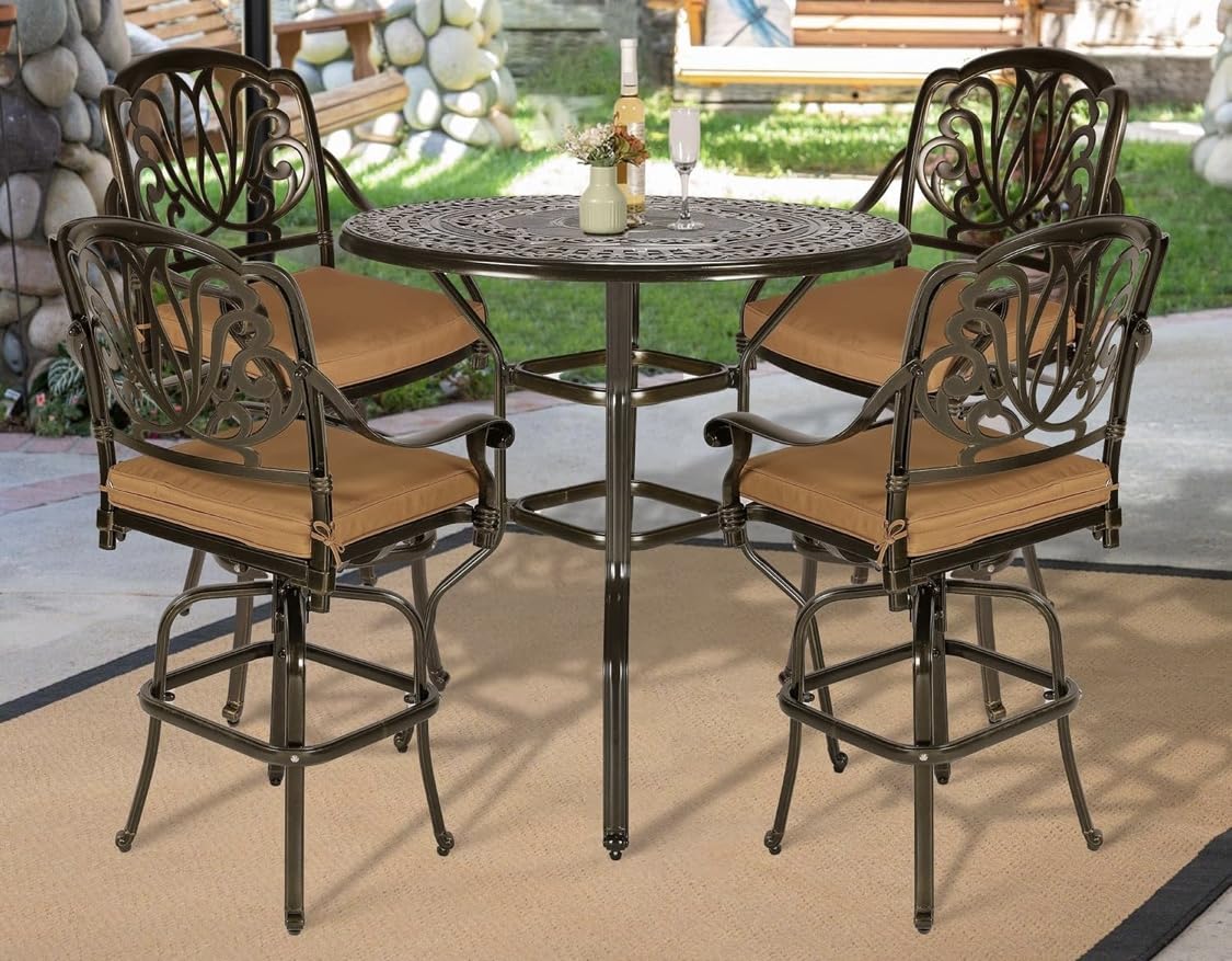 VIVIJASON 5-Piece Patio Swivel Bar Stools Set, All Weather Cast Aluminum Outdoor Bar Height Bistro Set with 4 Cushioned Bar Chairs & 38.5
