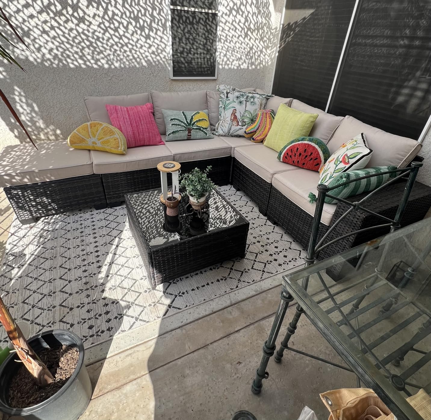 5 Pieces Patio Furniture Set All-Weather Outdoor Wicker Sectional Conversation Sofa Rattan Patio Seating Sofa with Cushion and Glass Table and Ottoman for Porch, Beige - Customer Photo 5