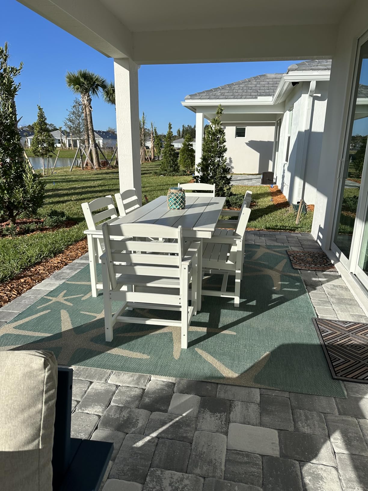 SERWALL Outdoor HDPE Dining Table Set, 7-Piece Outdoor Dining Table Sets with Umbrella Hole Cut-Out Table and 6 Chairs, Gray - Customer Photo 2