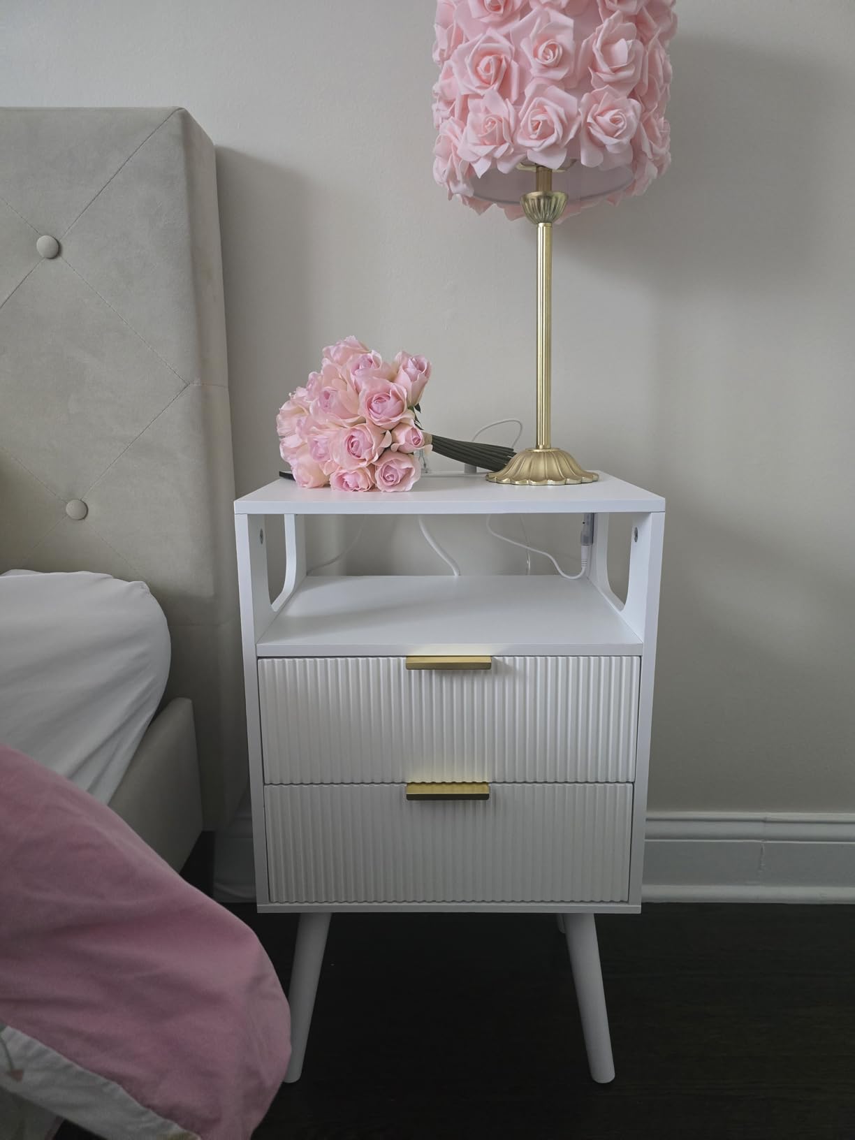 JOONEE White Nightstand with Charging Station and LED Lights,Modern Bedside Table with 2 Storage Drawer and Open Wood Shelf, for Bedroom and Small Spaces,Night Stand with Solid Wood Legs,White - Customer Photo 1