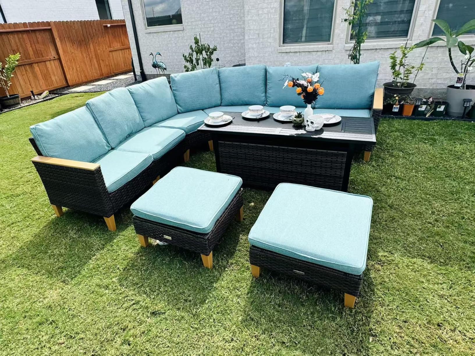 PHI VILLA 9-Piece Half Moon Patio Furniture Set with 56