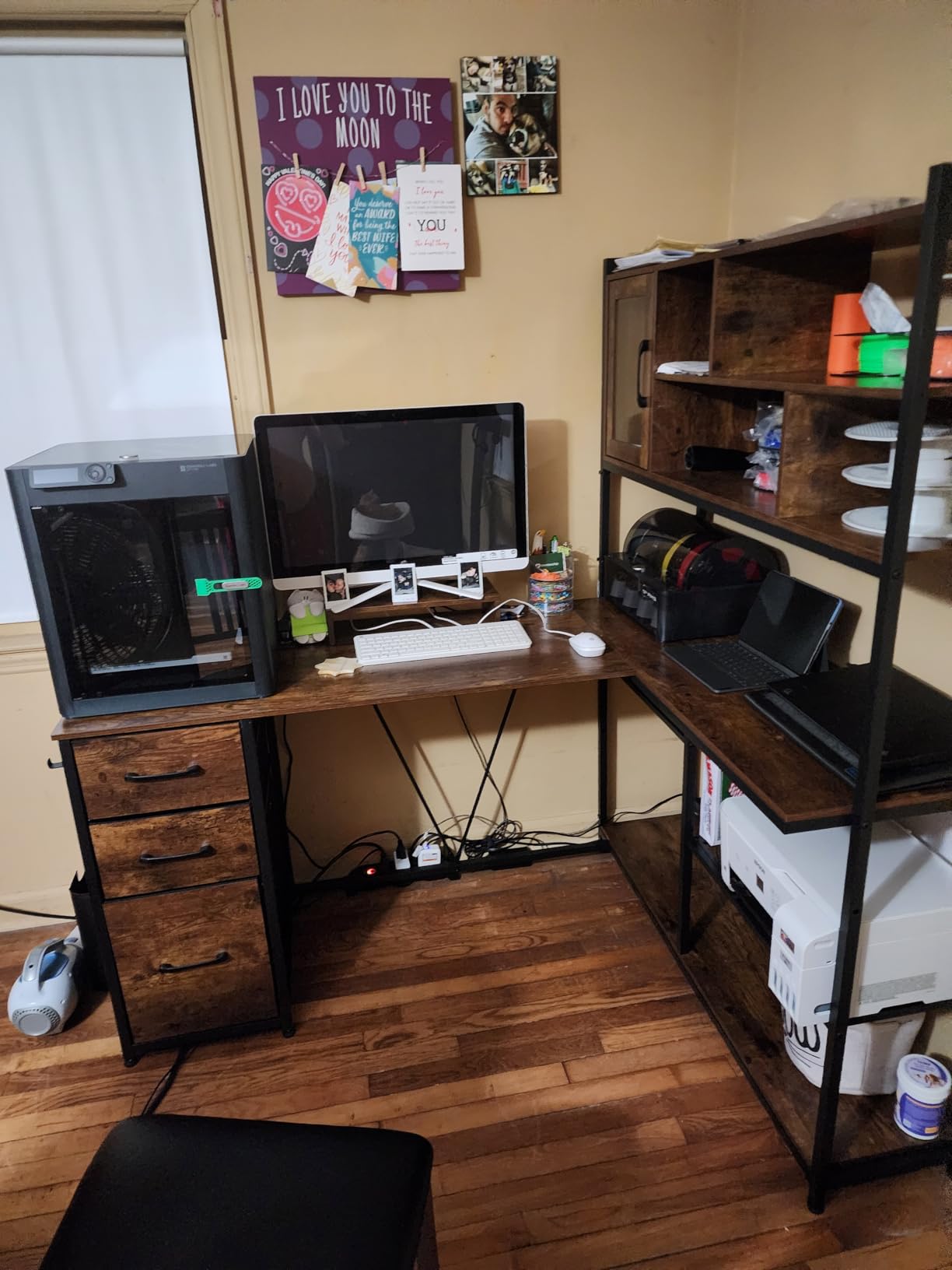 SEDETA L Shaped Computer Desk, 58'' Office Desk with 3 Drawers and Bookshelf, L Shaped Corner Desk with Storage Shelves and LED Light for Home Office, Gaming Desk, L Desk, White - Customer Photo 1