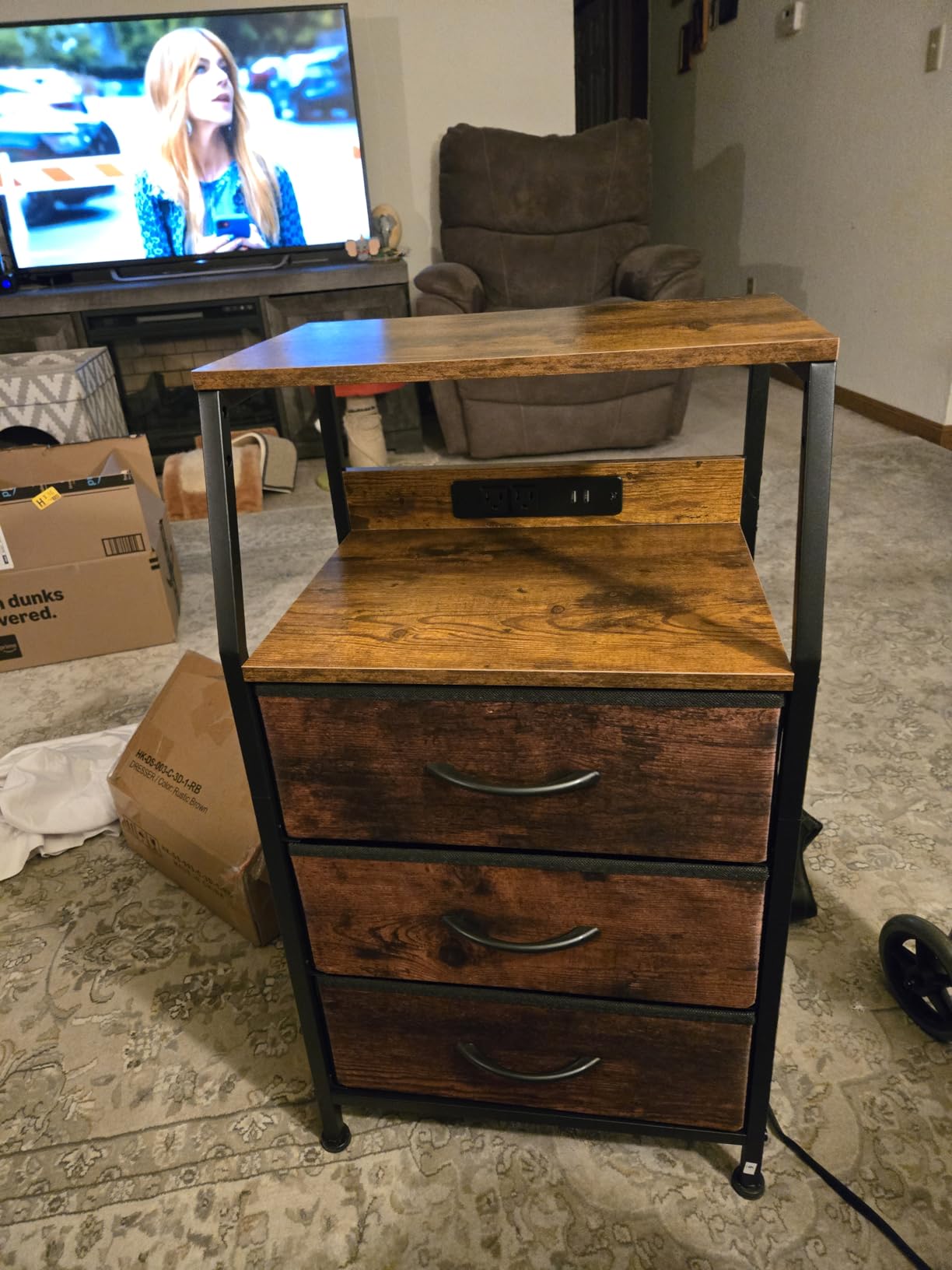 Furnulem Night Stand with Charging Station, 28.3 Inch Tall Bedside Table with PVC Drawers, End Table with USB Ports and Outlets, 3 Fabric Drawer Storage Nightstand for Bedroom, 3 Ways to Use, White - Customer Photo 1