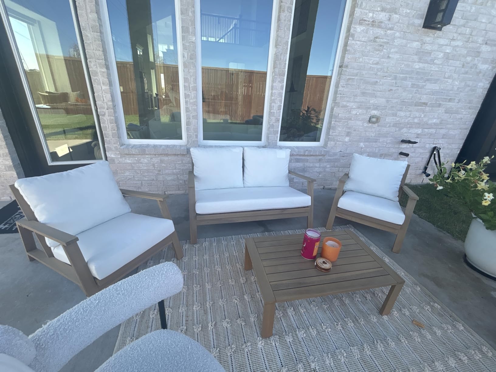 4-Piece Deep Seating Teak Wood Patio Furniture Set, Acacia Wood Outdoor Conversation Sofa Set with Cushioned Loveseat, Armchairs and Coffee Table for Garden, Deck, Backyard - Customer Photo 1