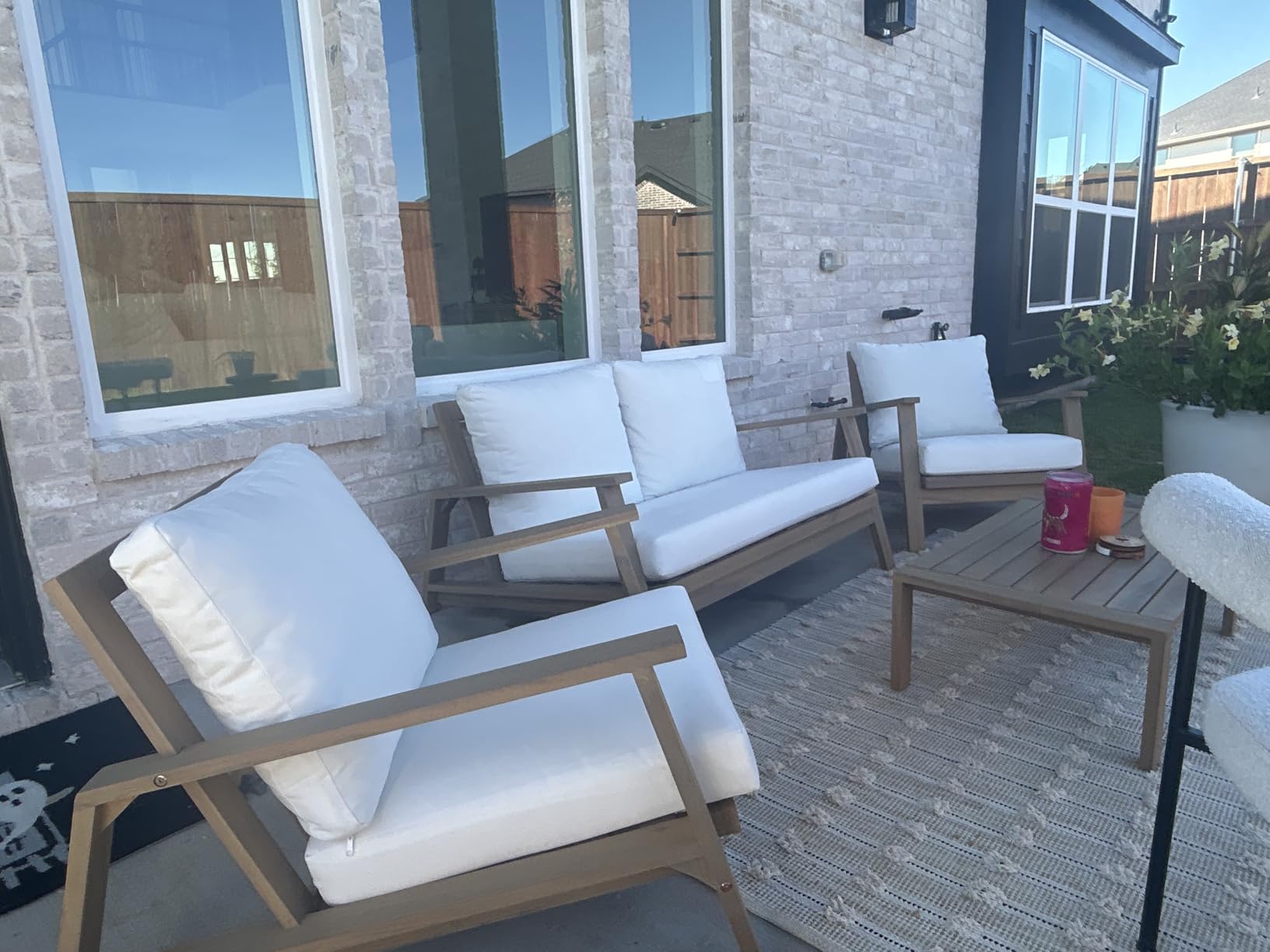 4-Piece Deep Seating Teak Wood Patio Furniture Set, Acacia Wood Outdoor Conversation Sofa Set with Cushioned Loveseat, Armchairs and Coffee Table for Garden, Deck, Backyard - Customer Photo 2