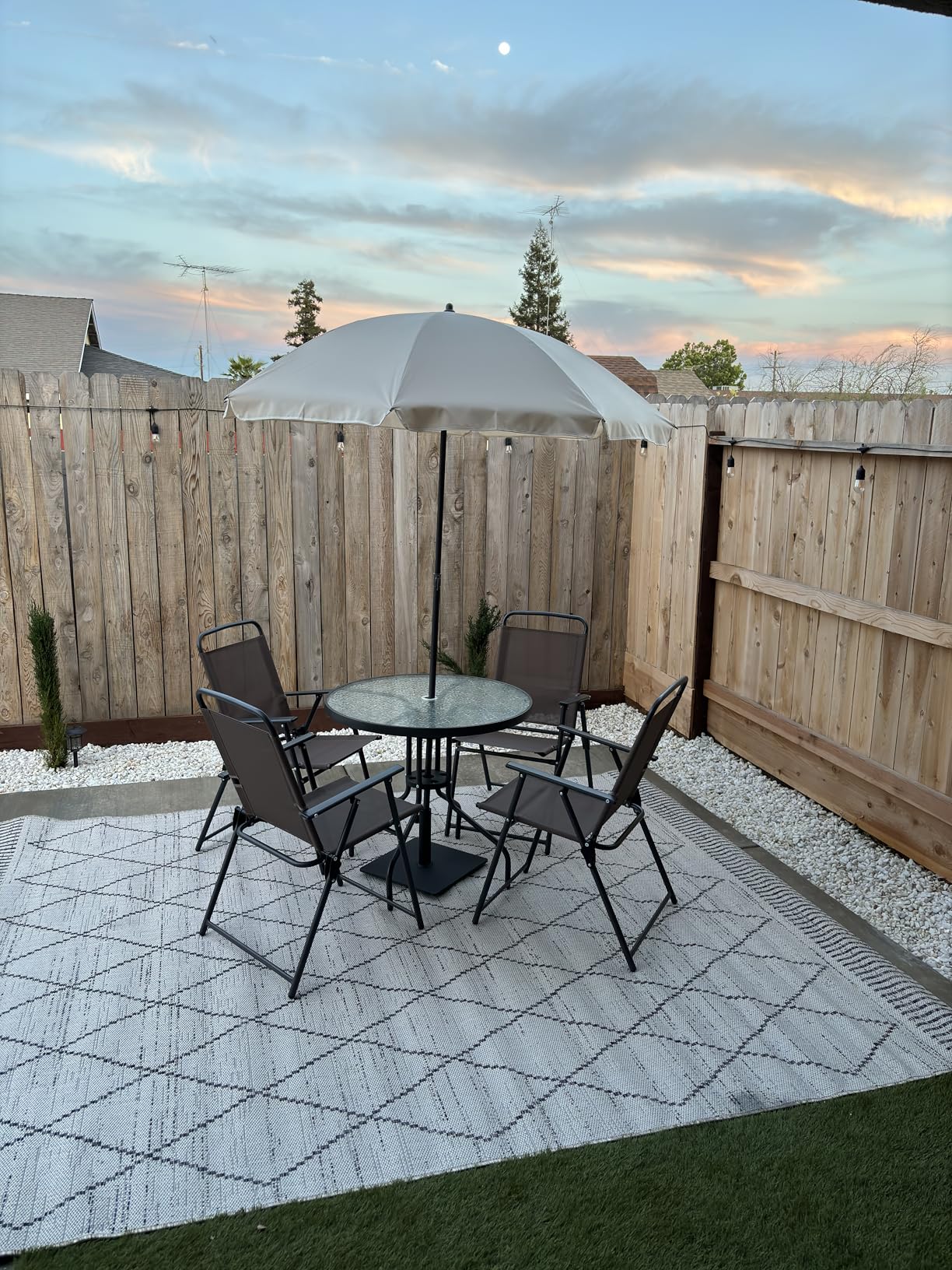 Vongrasig 6 Pieces Folding Patio Dining Set, All Weather Small Metal Outdoor Table and Chair Set, Garden Patio Furniture Set w/Umbrella, Glass Table & 4 Folding Chairs for Lawn, Backyard, Brown - Customer Photo 2