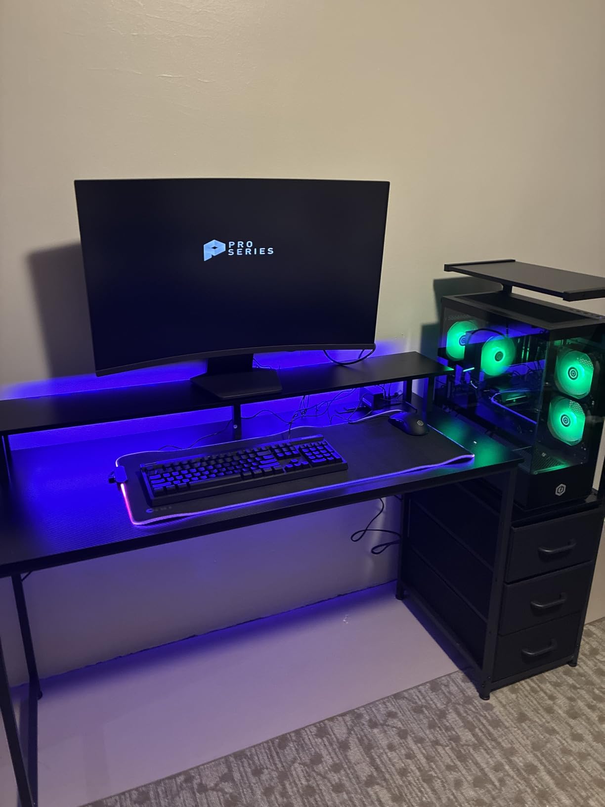 AODK 59 Inch Gaming Desk with USB Charging Ports & LED Light- Reversible Computer Desk with Storage Shelves & Monitor Stand, Modern Gamer Desk Table with Fabric Drawers & Side Hook, Carbon Fiber Black - Customer Photo 1