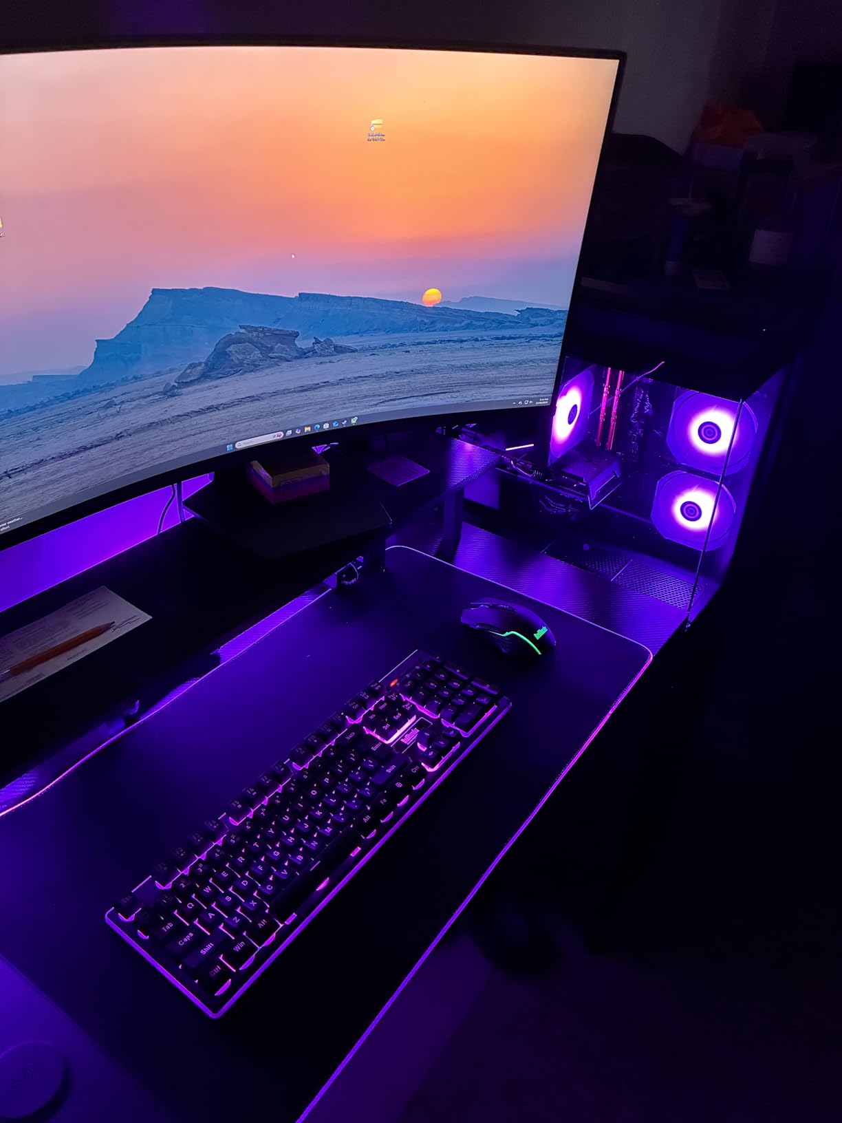 AODK 59 Inch Gaming Desk with USB Charging Ports & LED Light- Reversible Computer Desk with Storage Shelves & Monitor Stand, Modern Gamer Desk Table with Fabric Drawers & Side Hook, Carbon Fiber Black - Customer Photo 2