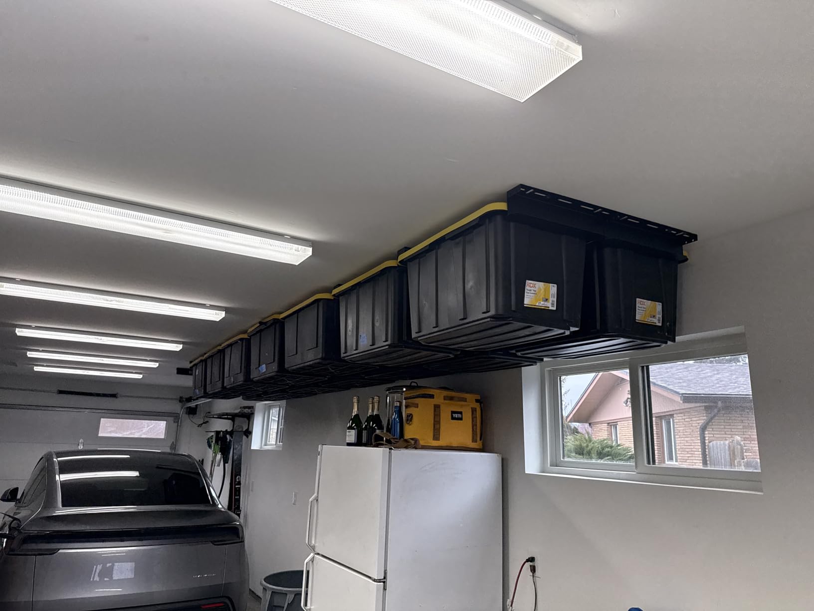 HANDT Overhead Garage Storage Rack, Connectable Heavy Duty Metal Ceiling Rails For Garage Storage Organization Shelving System, Hanging Racks For Tote Containers, Supports Up To 3 Bins, 2 Sets Black - Customer Photo 1