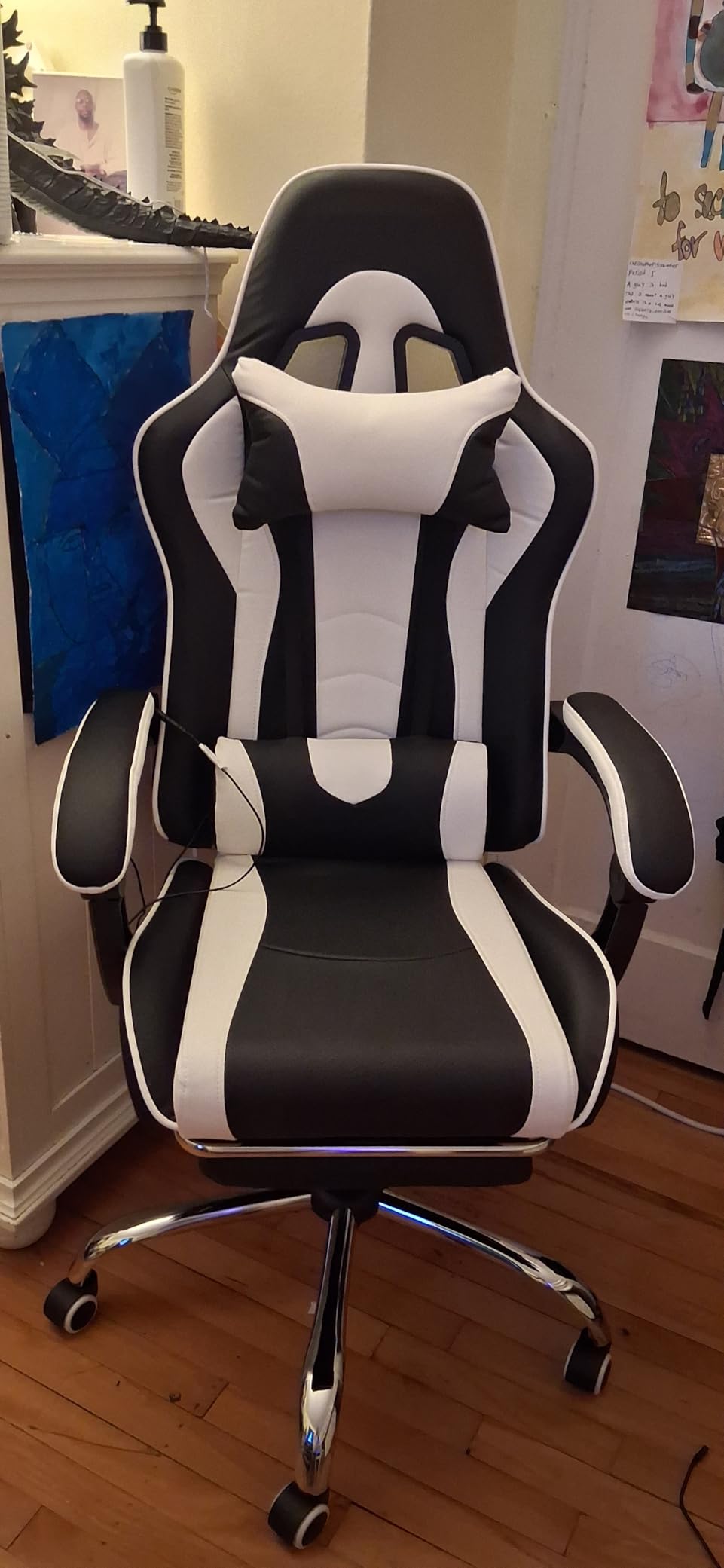 Yaheetech Gaming Chair, Video Game Chair with Massage Lumbar Support and Footrest Height Adjustable Ergonomic Computer Gaming Chair with Swivel Seat and Headrest, Black/White - Customer Photo 1