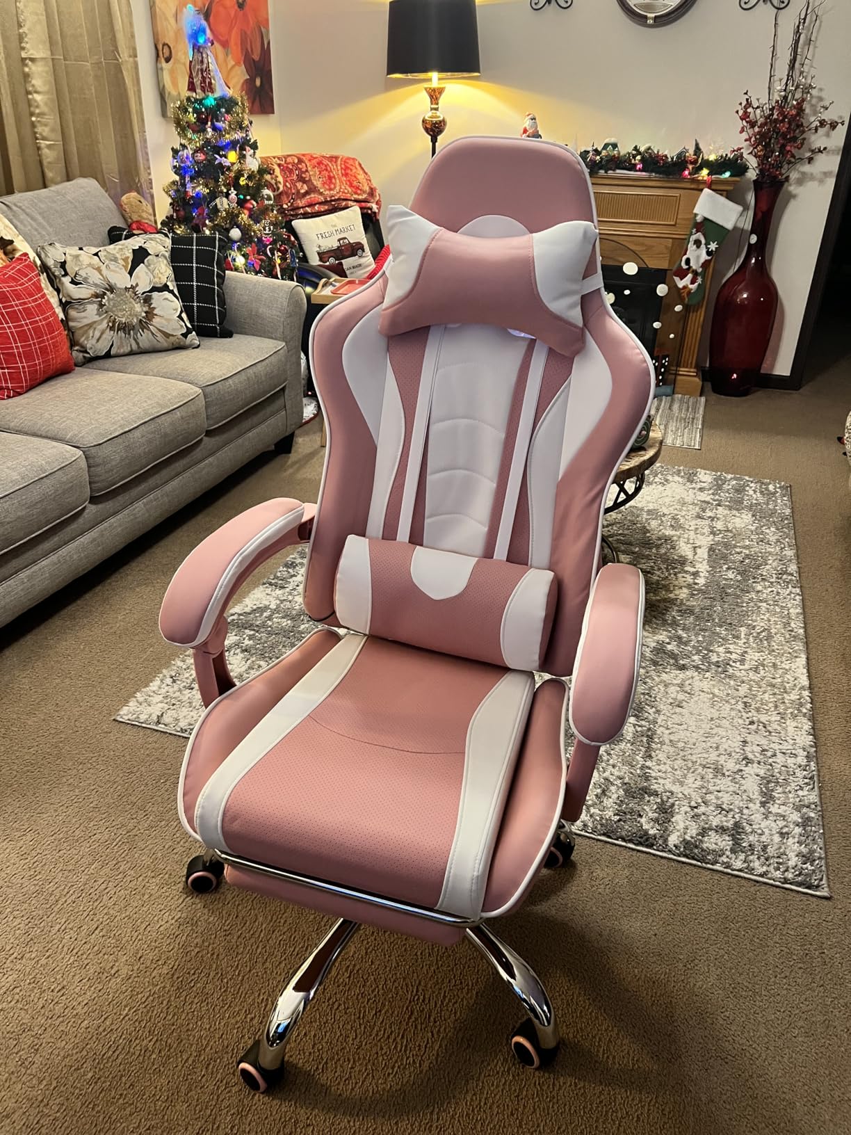 Yaheetech Gaming Chair, Video Game Chair with Massage Lumbar Support and Footrest Height Adjustable Ergonomic Computer Gaming Chair with Swivel Seat and Headrest, Black/White - Customer Photo 2