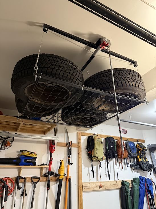 KOKORACKER Garage Ceiling Storage Rack, 4x4 Ft Adjustable Overhead Garage Storage Rack Lift, Heavy-Duty Ceiling Mounted Storage Lift System for Garage Organization, 250lbs Weight Capacity - Customer Photo 1