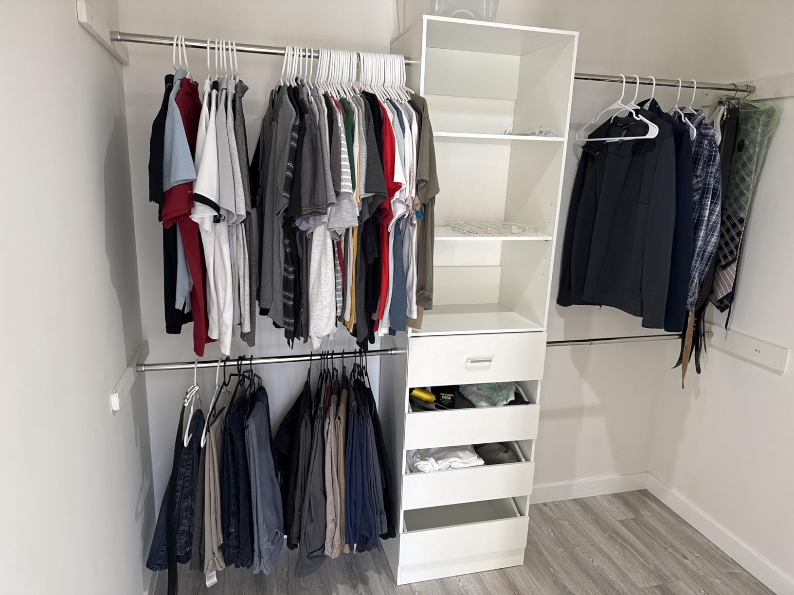 Aheaplus Closet System, 4-9Ft Closet Organizer with 4 Wooden Drawers, Wood Closet Organizer System with Tower, Walk-in Closet Organizer Wardrobe Clothes Rack with 4 Hanging Rods, Garment Rack, White - Customer Photo 5