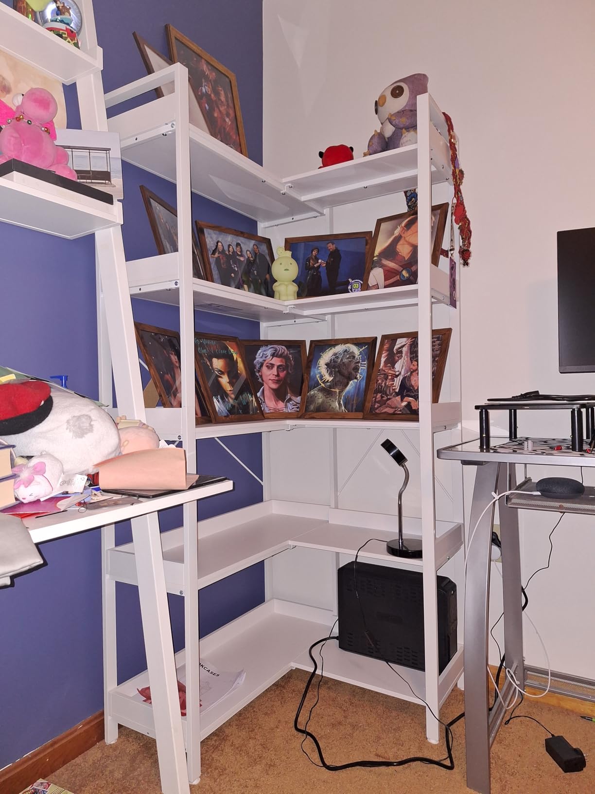 Rolanstar Bookshelf 6 Tier with 4 Hooks, Reversible Corner Bookshelf, 69