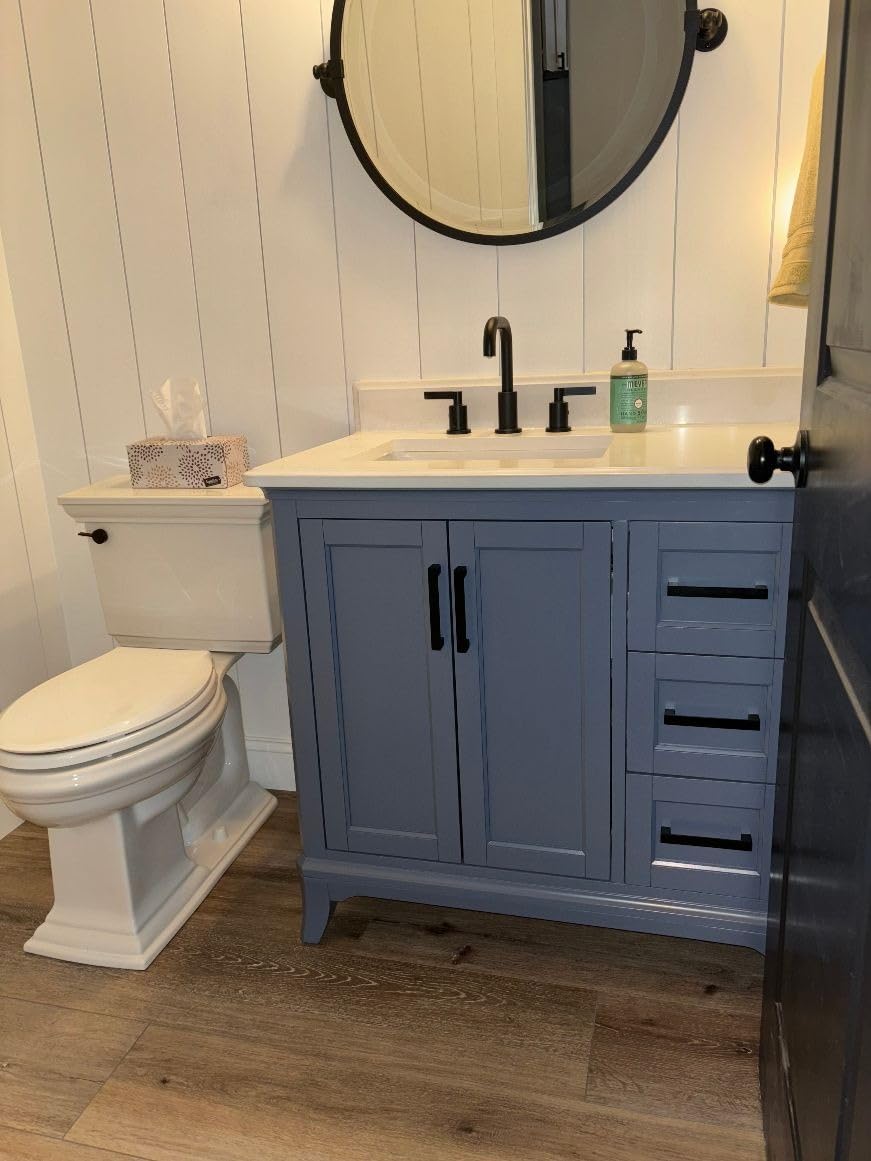 DELUXE LIVING 60 Inch Bathroom Vanity with Double Sink, Modern Solid Wooden Frame Bathroom Sink Cabinet with Soft Closing Doors & Dovetail Drawers, Quartz Countertop, Adjustable Feet, Steel Blue - Customer Photo 5
