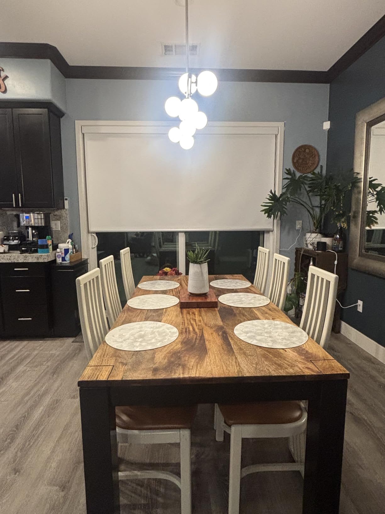 Wystco Mid Century Modern Globe Sputnik Chandelier, 9-Light Linear Chandeliers for Dining Room and Kitchen Island, Dining Light Fixture Over Table, Brass Gold and Milk White Glass Bubble, 40 Inch - Customer Photo 1