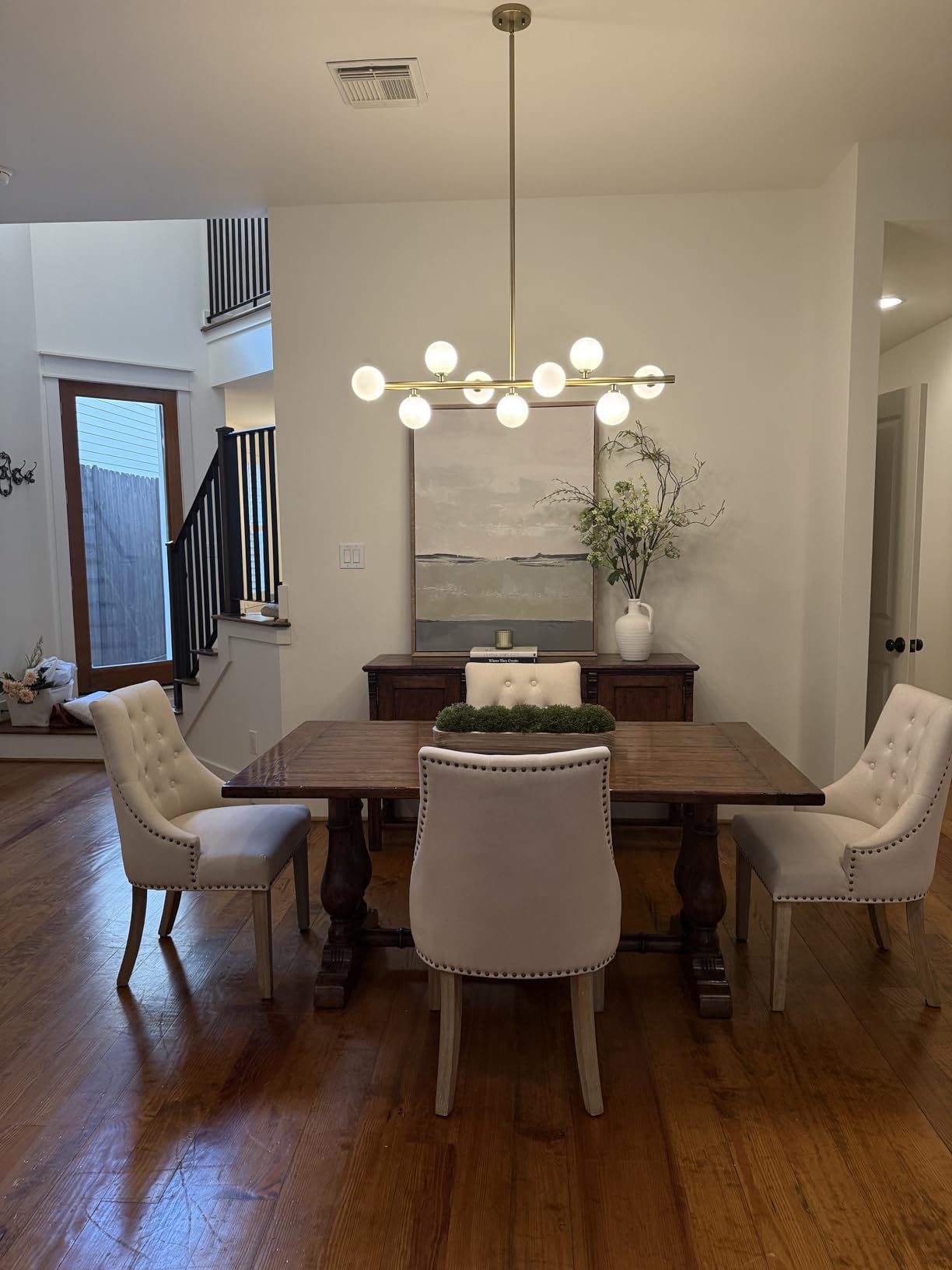 Wystco Mid Century Modern Globe Sputnik Chandelier, 9-Light Linear Chandeliers for Dining Room and Kitchen Island, Dining Light Fixture Over Table, Brass Gold and Milk White Glass Bubble, 40 Inch - Customer Photo 2