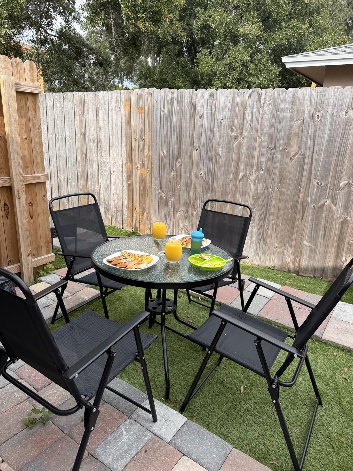 Shintenchi 6 Piece Patio Dining Set with Umbrella, Outdoor Furniture Set with 4 Folding Chairs and Tempered Glass Top Dining Table fot Lawn Backyard Garden Porch Black - Customer Photo 1