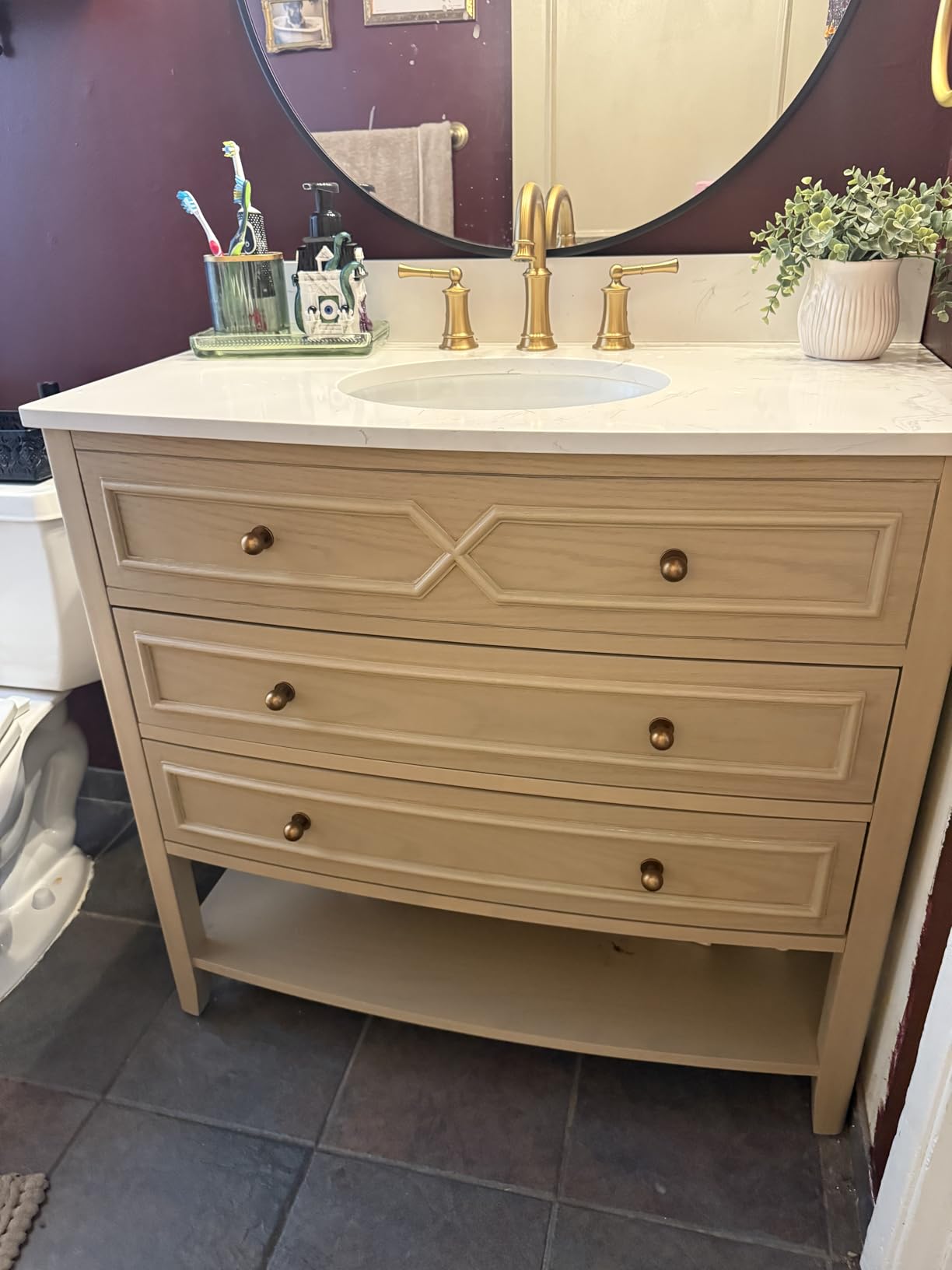 DELUXE LIVING 60 Inch Bathroom Vanity with Double Sink, Solid Wood Frame with Engineered Marble Countertop, Fully-Assembled Vanity with Soft-Close Drawers, Adjustable Feets, Warm Elm - Customer Photo 4