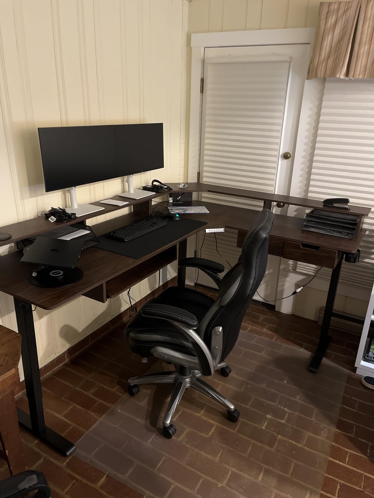 RedLemon 75X60 Inches L Shaped Electric Standing Desk,Height Adjustable Corner Gaming Desk with Drawers, Keyboard Tray, Power Outlets & LED Lights, Computer Desk with Monitor Shelf, Dark Rustic Oak - Customer Photo 1