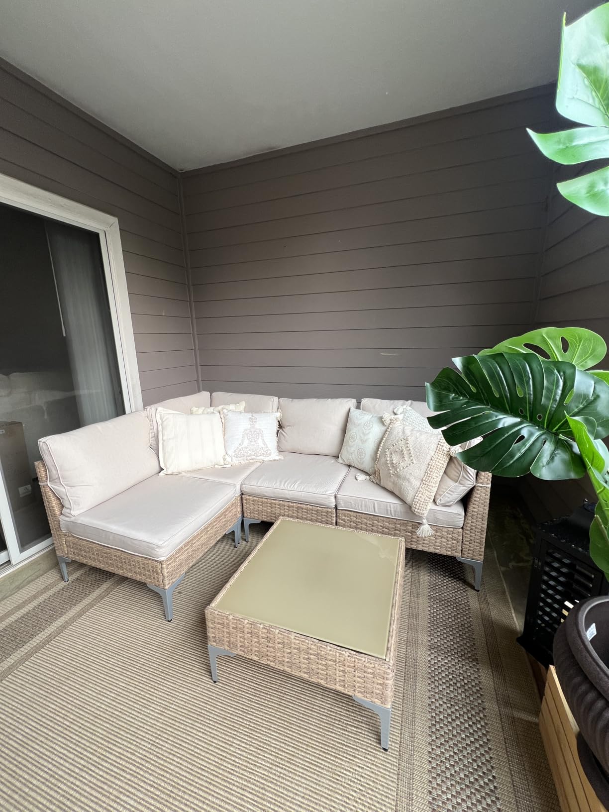 SunloungeCo 5-Piece Patio Furniture Set, Outdoor Wicker Sectional Sofa with Coffee Table, Anti-Slip & Thick All-Weather Cushions for Party, Garden, Backyard, Beige - Customer Photo 4