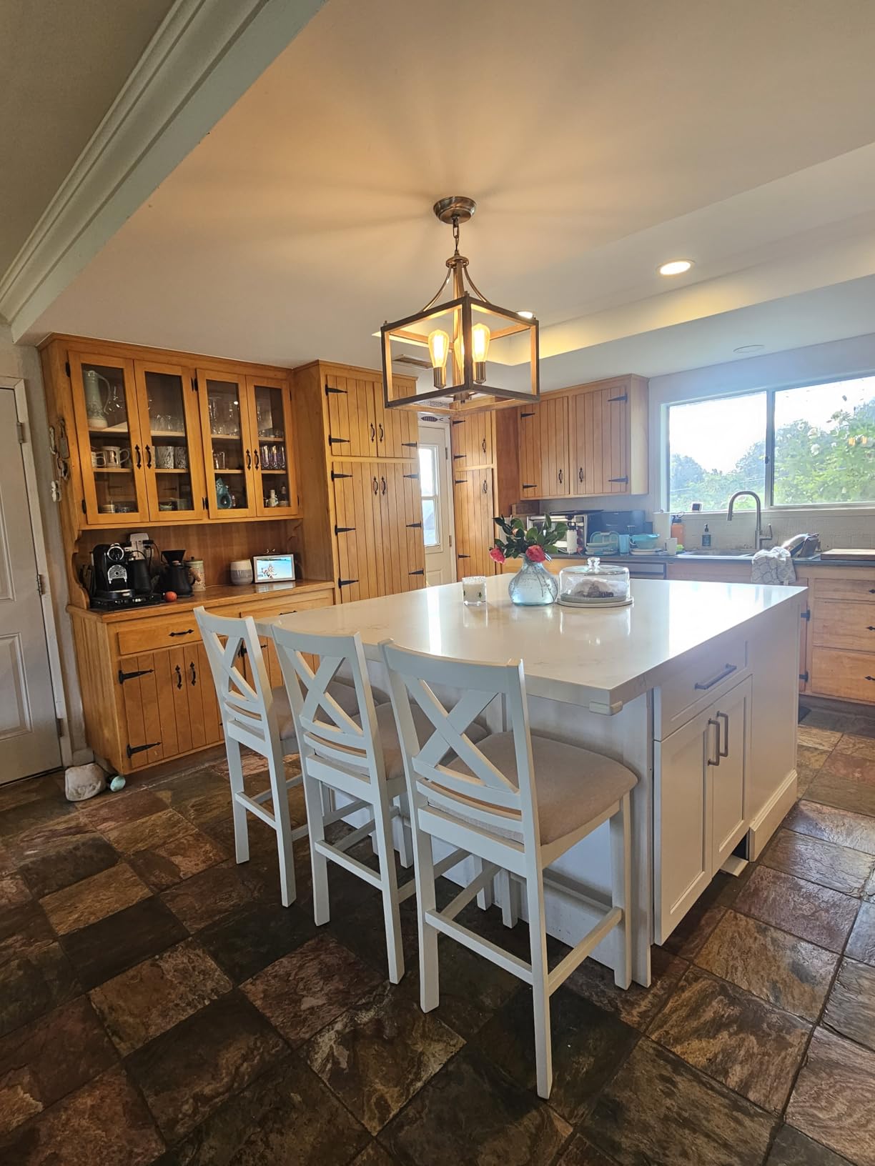 COLAMY Upholstered Counter Height Bar Stools Set of 4, Modern Kitchen Island Barstools Chairs with Cross Back and Wood Legs for Dining Room Bar, Light Brown Wash - Customer Photo 2