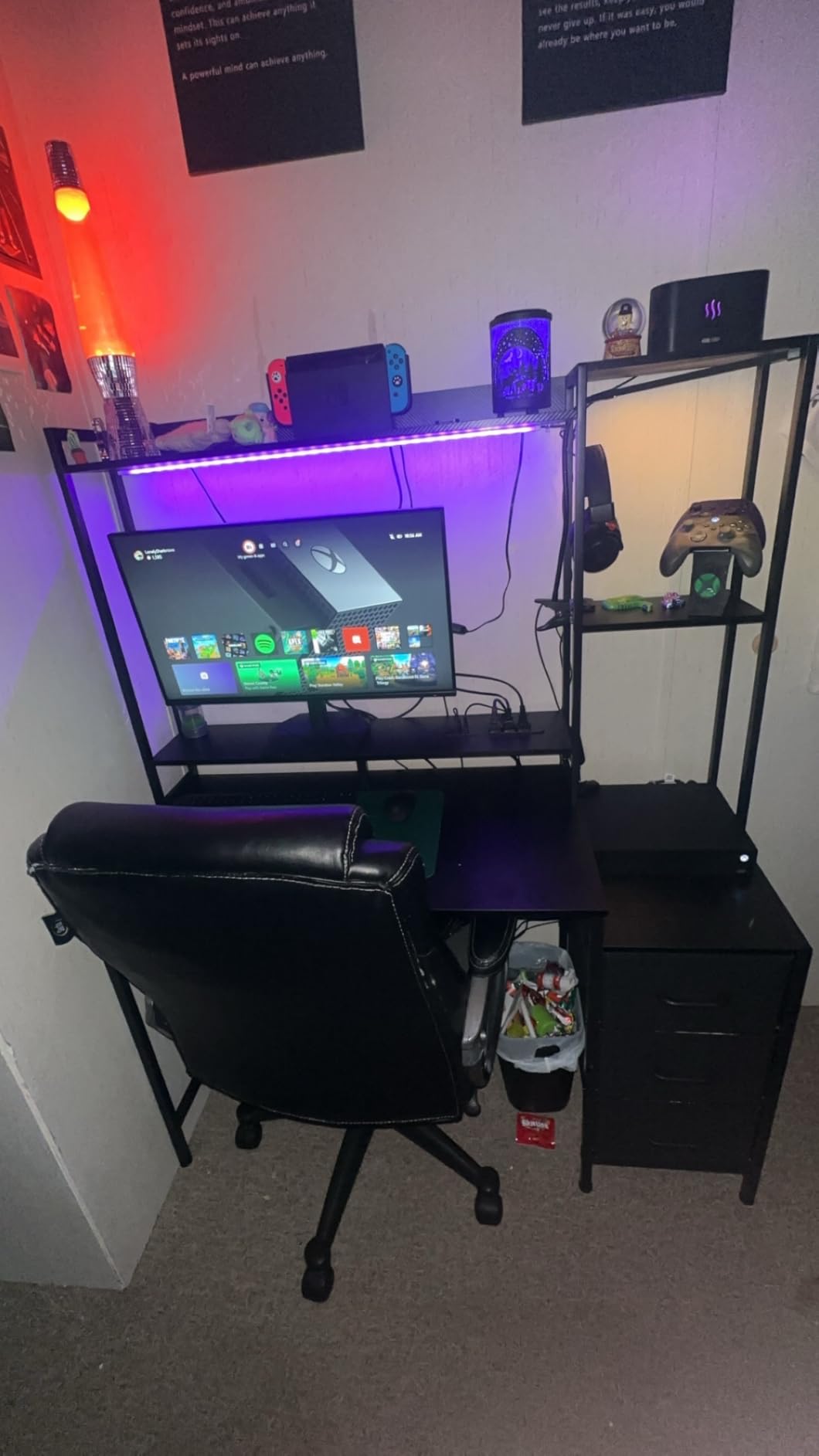 Casaottima 48 Inch Gaming Desk with Hutch & 3 Fabric Drawers, Computer Desk with USB Ports & LED Lights, Reversible Pc Gamer Table with Monitor Stand for Home Office, Carbon Fiber Black - Customer Photo 2
