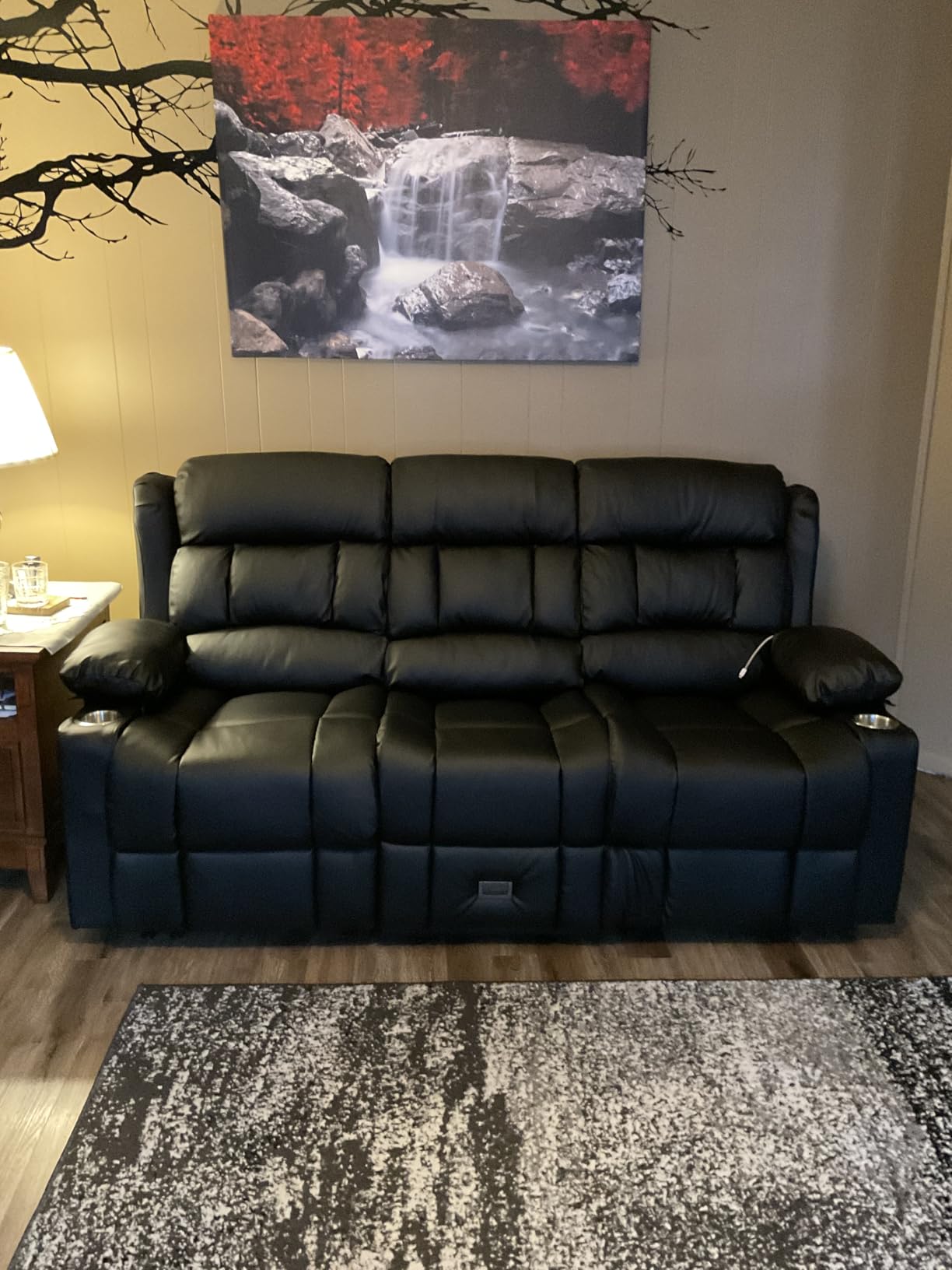 Dresegmt Loveseat Recliner Sofa, Flip Middle Backrest Design PU Leather 3 Seat Reclining Sofa with Storage Drawer, Manual Couch for Living Room/RV (Black, PU) - Customer Photo 1