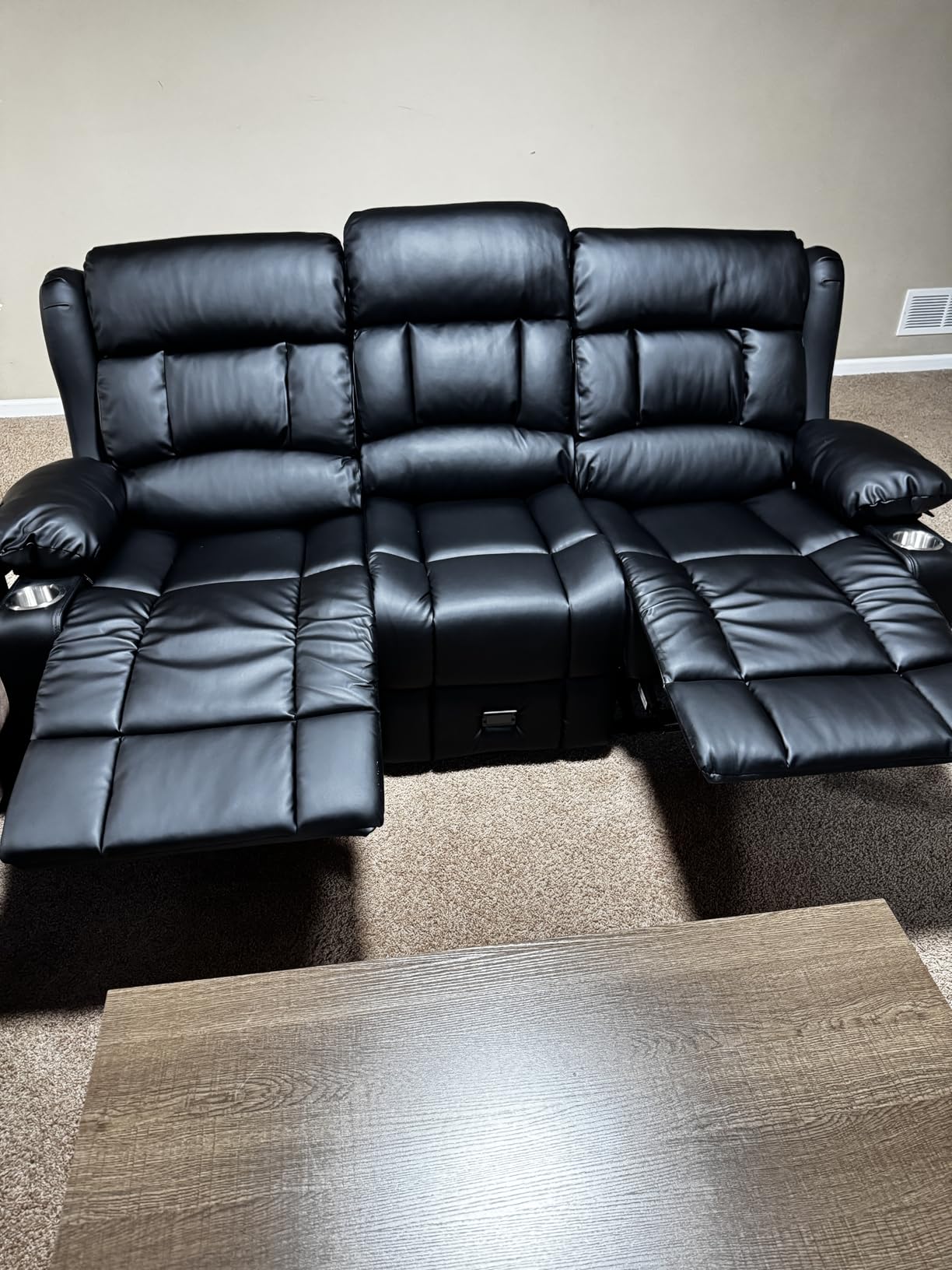 Dresegmt Loveseat Recliner Sofa, Flip Middle Backrest Design PU Leather 3 Seat Reclining Sofa with Storage Drawer, Manual Couch for Living Room/RV (Black, PU) - Customer Photo 2