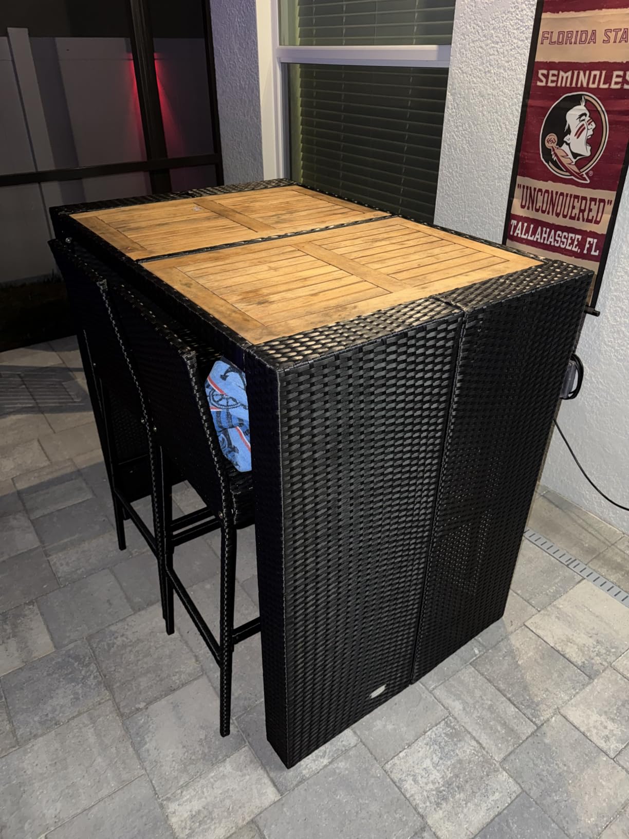 RELAX4LIFE 7-Piece Outdoor Bar Set - Wicker Rattan Bar Height Dining Table w/Acacia Wood Top & 6 Bar Stools Chairs w/Seat Cushions, Backrest, Footrest, Outside Patio Bistro Set for Backyard (73'') - Customer Photo 1