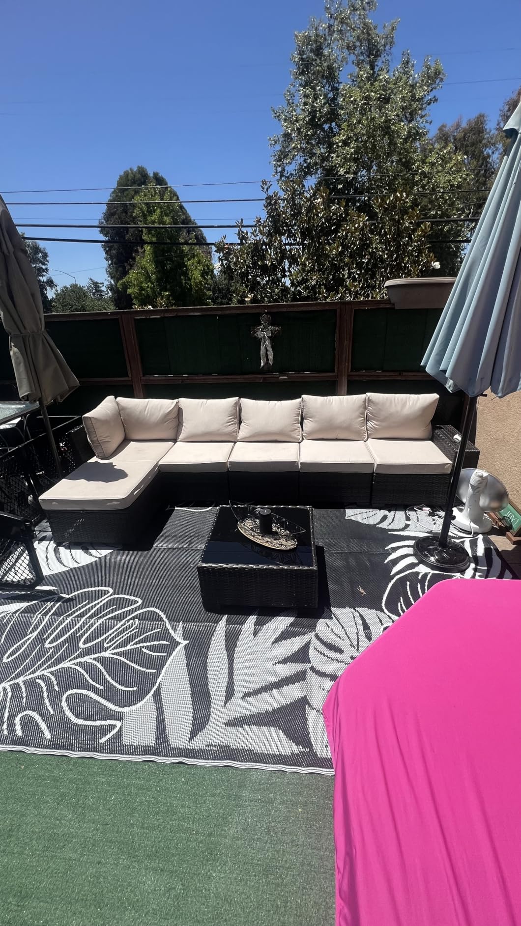 Jing's Villa 5-Piece Patio Furniture Set, All-Weather Outdoor Wicker Sectional Sofa with Cushions, Tempered Glass Table & Ottoman,Rattan Conversation Seating for Porch, Garden, Backyard,Navy - Customer Photo 3