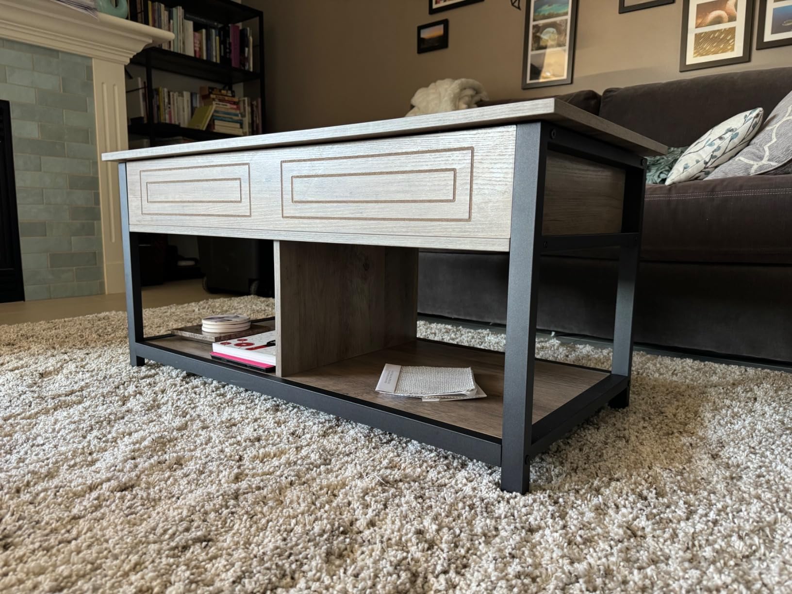 VASAGLE Coffee Table Lift Top, 3 in 1 Center Table with Storage, Gas Spring, 2 Drawers and 3 Hidden Compartments, Open Shelf, for Living Room, Home Office, Honey Brown and Rustic White - Customer Photo 1