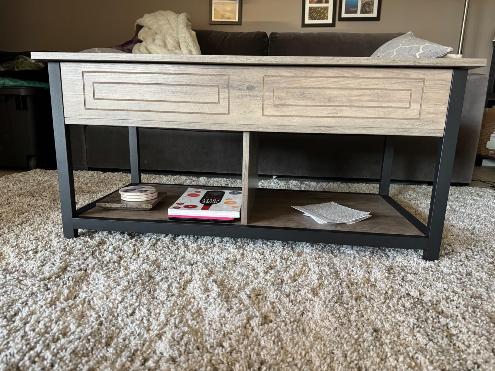 VASAGLE Coffee Table Lift Top, 3 in 1 Center Table with Storage, Gas Spring, 2 Drawers and 3 Hidden Compartments, Open Shelf, for Living Room, Home Office, Honey Brown and Rustic White - Customer Photo 2