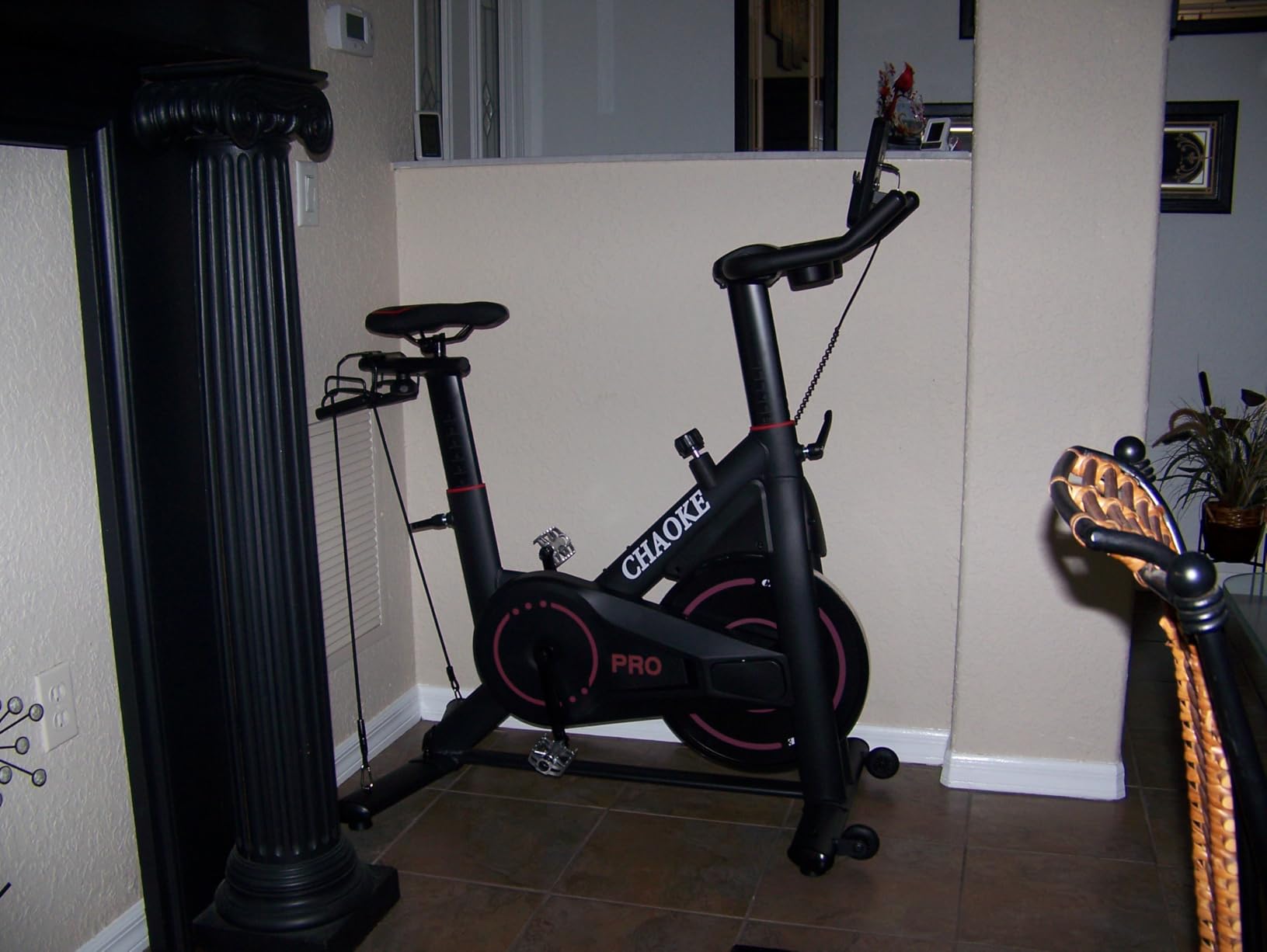CHAOKE Exercise Bike, Quiet Adjustable Magnetic Stationary Bike for Home Cardio with App Compatible, 350LB Weight Capacity Indoor Cycling Bike with Large Seat, Dumbbell Rack, Pull Cords & LCD Display - Customer Photo 2