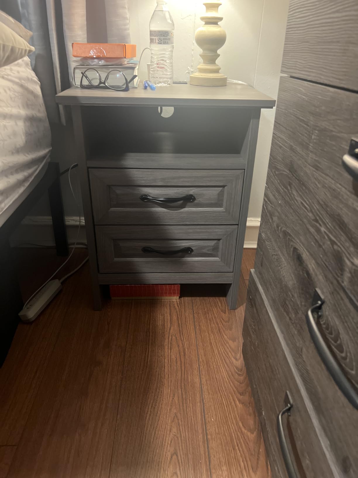Pipishell Night Stand with Charging Station, Farmhouse Bedside Table with 2 Drawers and Open Storage, Rustic End Table with AC Outlets & Type-C Ports for Bedroom, White & Brown - Customer Photo 1