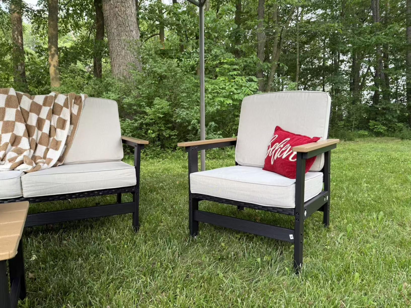 HERA'S HOUSE HDPE Patio Furniture Set, 4-Piece Outdoor Wicker Conversation Couch Set with Thick Cushion, All-Weather Patio Sofa Set for Backyard Garden Deck, Wood Grain Coffee Table - Customer Photo 2