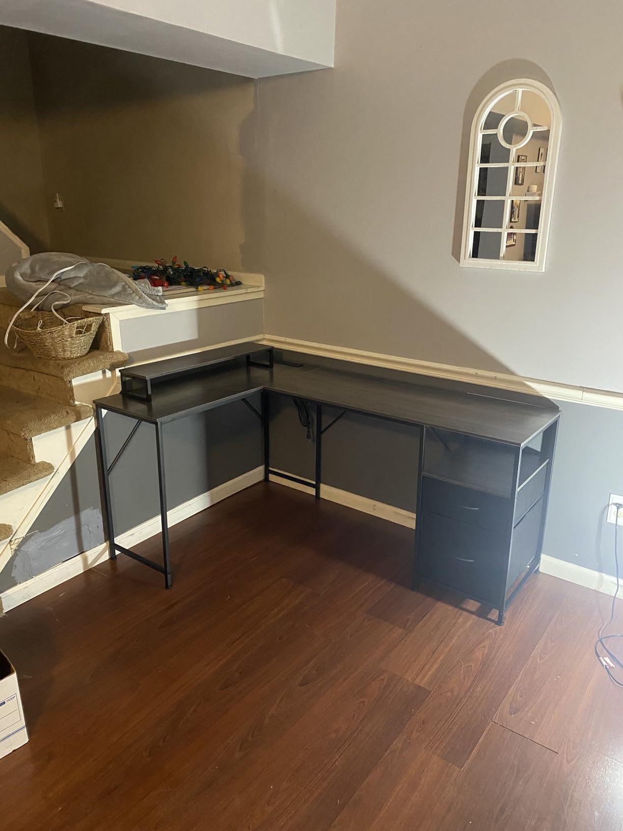 PRAISUN 63 Inch L Shaped Desk with Power Outlets and USB-C Port, Computer Corner Home Office Desk with File Fabric Drawers and Movable Monitor Stand, Larger Storage, Gaming, Writing, Rustic Brown - Customer Photo 2