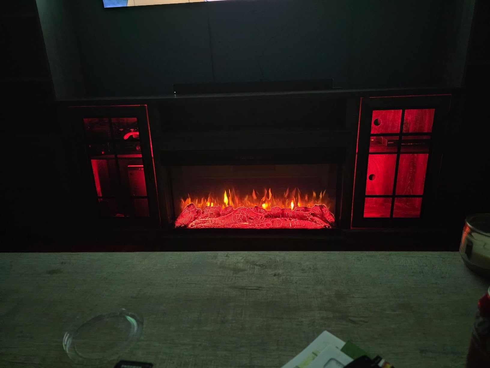 MXV 80'' Fireplace TV Stand, Farmhouse Entertainment Center with 3 Sided Glass TV Stand, Modern Media Console Table with Storage Drawers & Cabinets with LED Flame and Lights for Living Room, White - Customer Photo 2