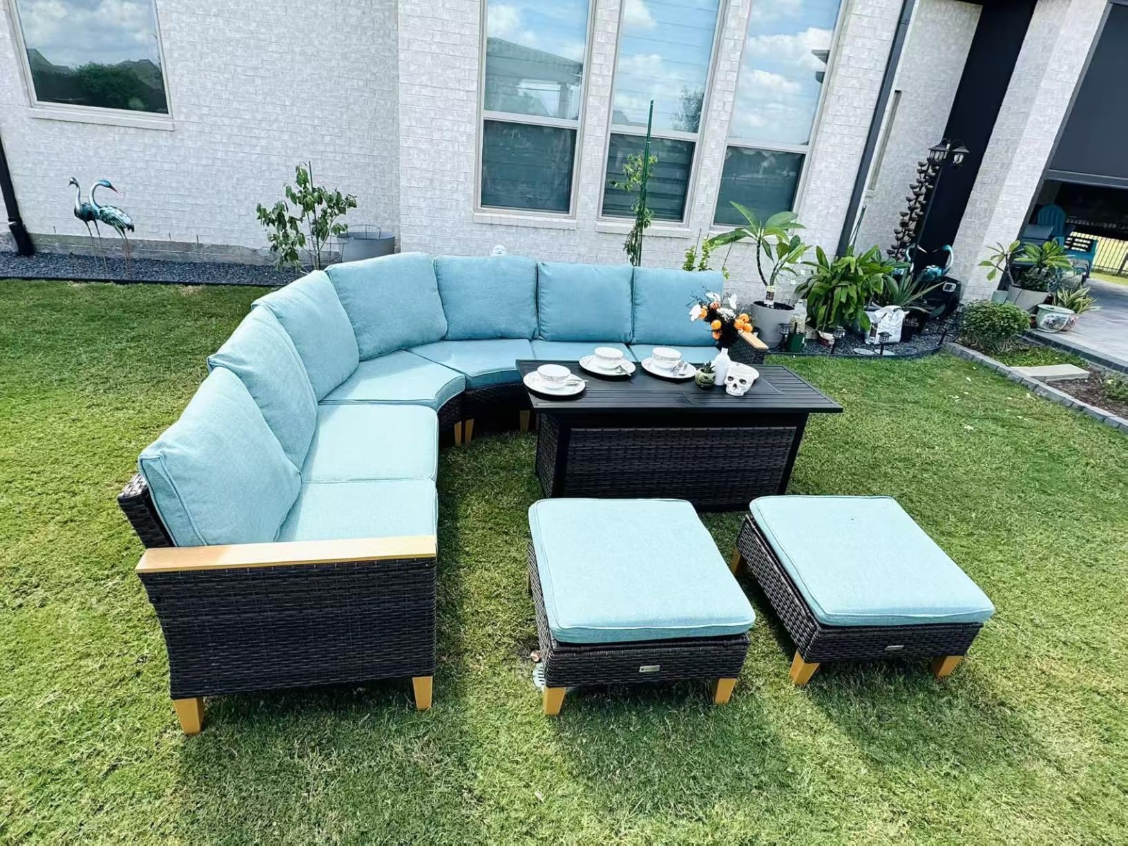 PHI VILLA 7-Piece Wicker Patio Furniture Set, Outdoor Half-Moon Curved Sectional Sofa with Thick Aqua Blue Cushions, 4 Ottomans, Large Conversation Seating for Garden or Backyard - Customer Photo 2