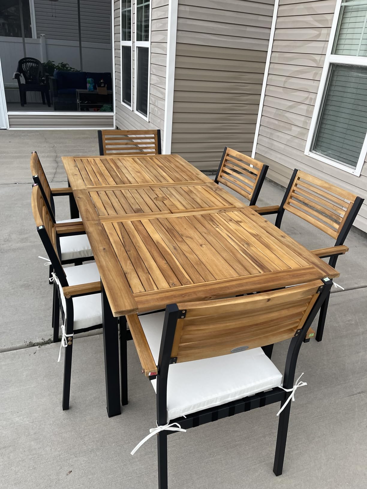 Tangkula 4 Piece Patio Dining Furniture Set, Outdoor Dining Chair Set for 4 w/Acacia Wood & Metal Frame, Umbrella Hole, 1 Table, 2 Armchairs, 1 Bench for Lawn, Garden, Backyard, Porch - Customer Photo 1