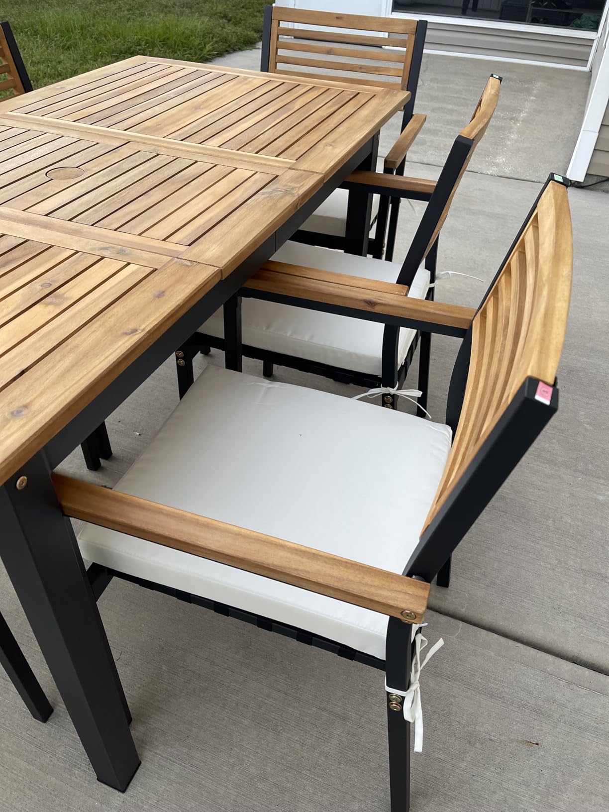 Tangkula 4 Piece Patio Dining Furniture Set, Outdoor Dining Chair Set for 4 w/Acacia Wood & Metal Frame, Umbrella Hole, 1 Table, 2 Armchairs, 1 Bench for Lawn, Garden, Backyard, Porch - Customer Photo 2